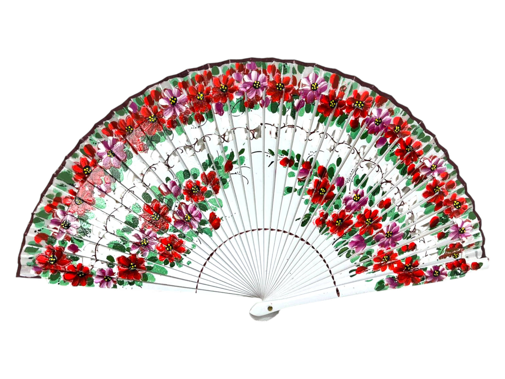 Abanico español con flores pintadas madera calada y tela floral artesanal. Ref. 1247