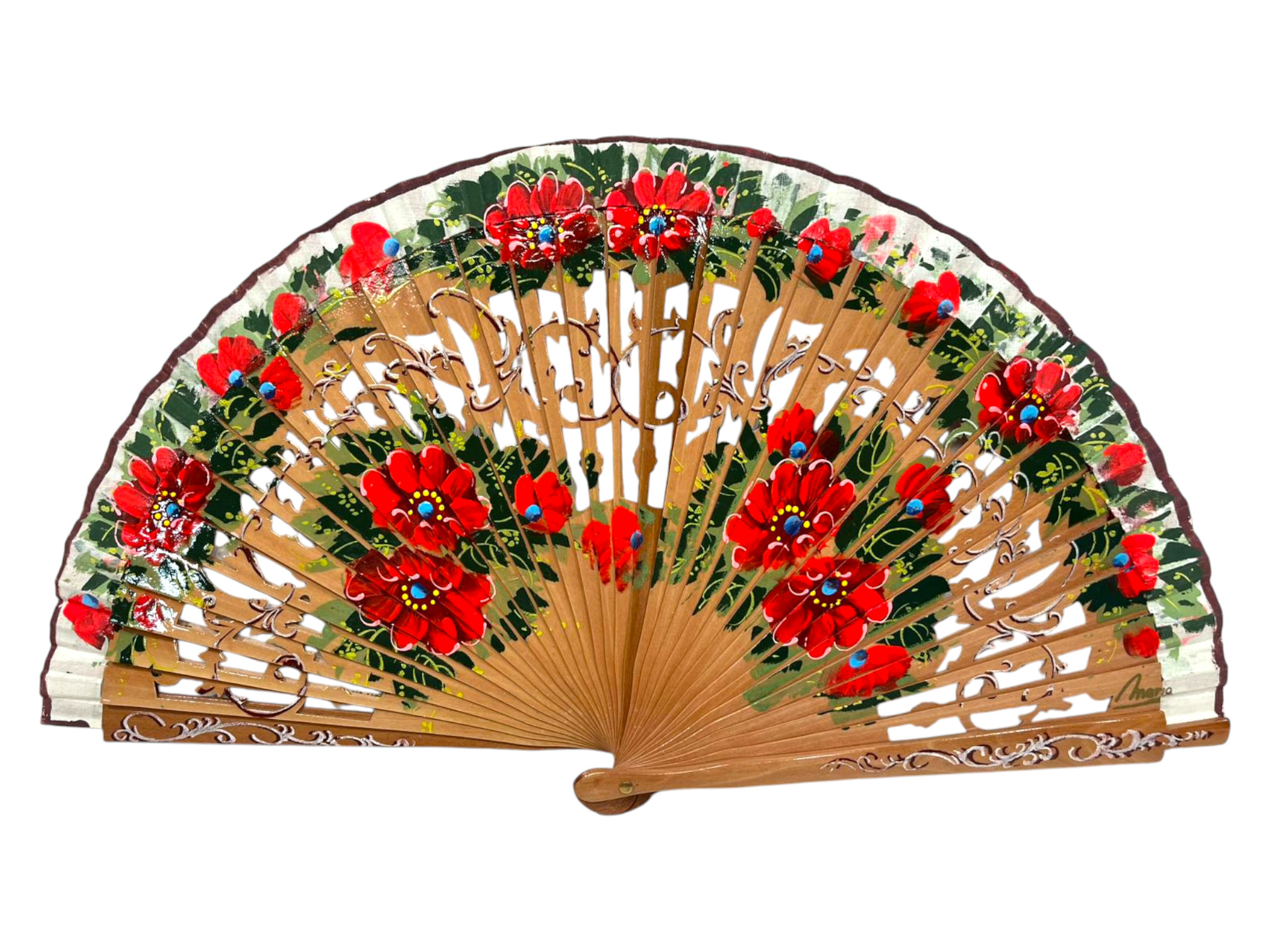 Abanicos de Madera Calada en Avellana y Decorados con Flores. Ref. 1303AV