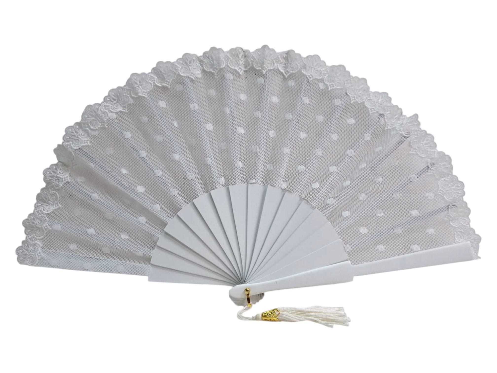 Ivory wooden bridal fan with lace. Elegant fan for weddings and events.