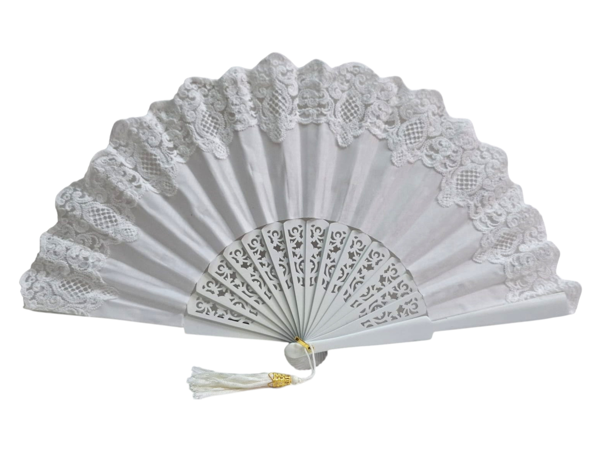 Ceremony fan for bride in ivory color made of carved wood with fabric and lace. Elegant wedding fan.