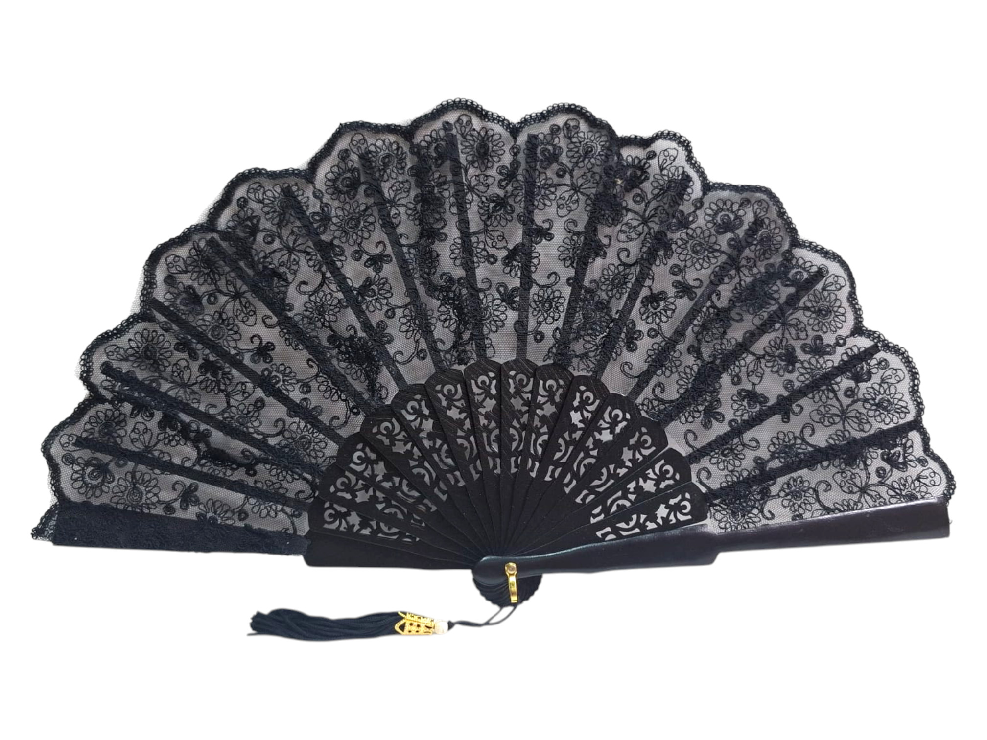 Abanico negro de encaje y madera calada para boda o ceremonia
