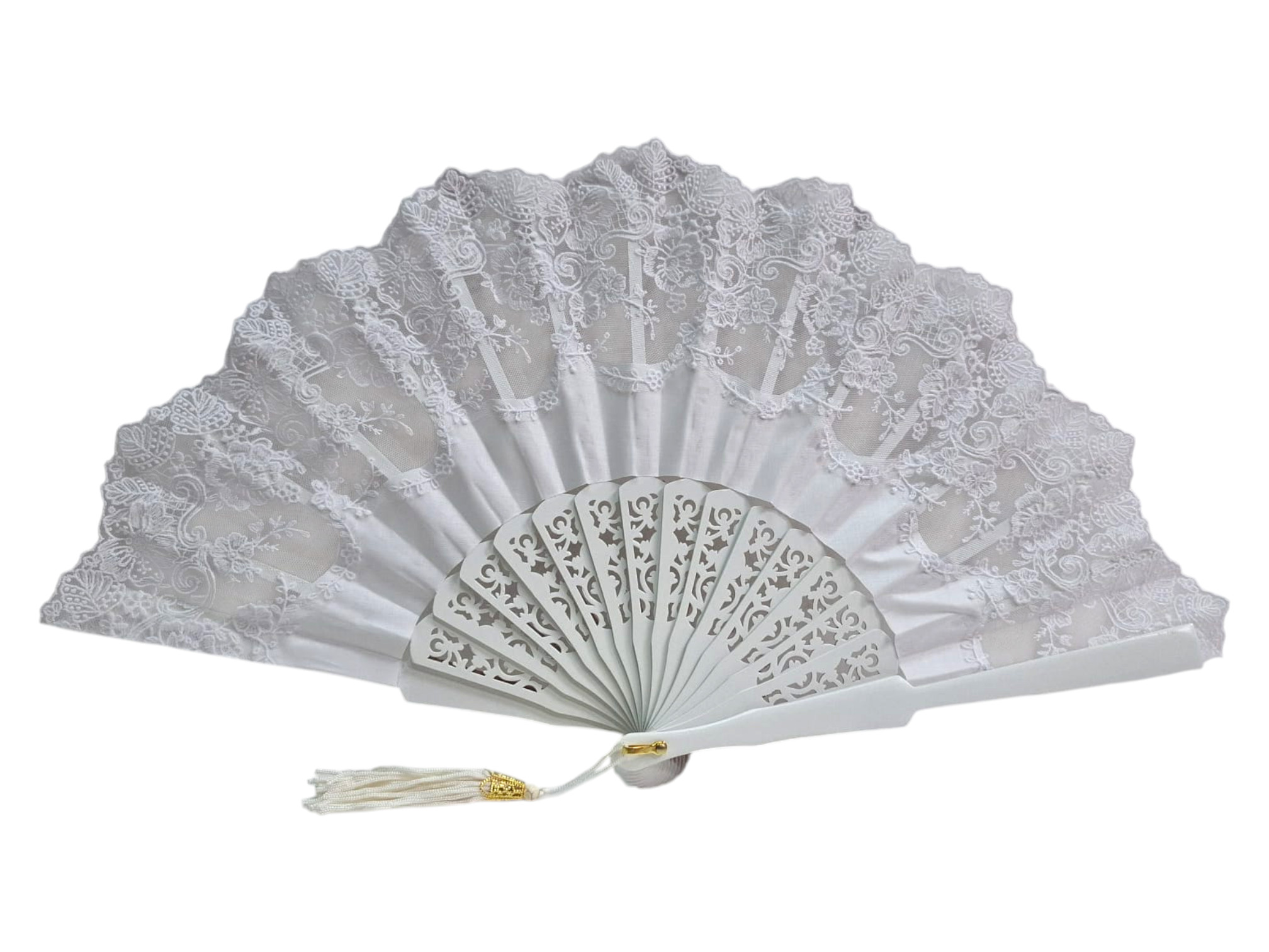 Abanico de Novia Artesanal Español de Encaje Blanco y Madera Calada Marfil