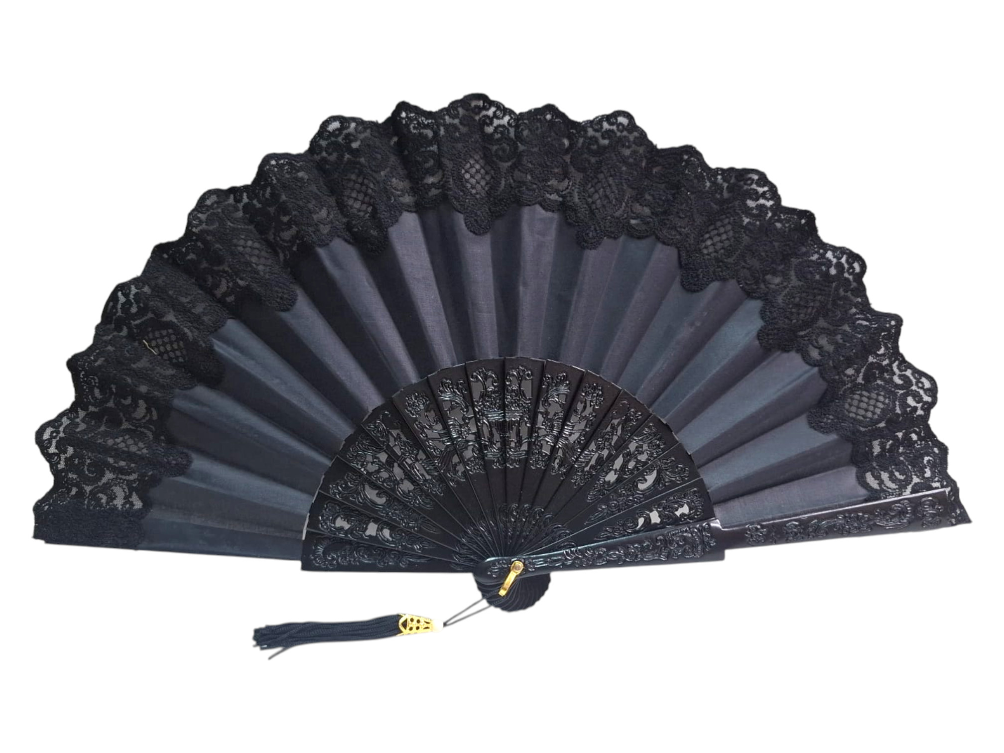 Éventail de Cérémonie Noir avec Dentelle et Bois Gravé et Perforé Artisanat Espagnol pour Mariages et Événements