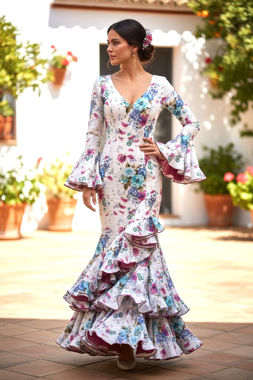 Talla 36. Traje de Flamenca. Mod. Argentina Blanco estampado