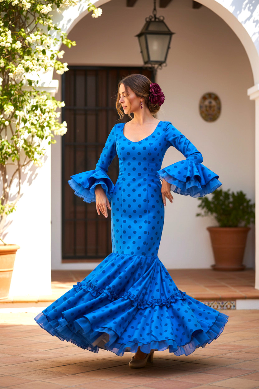 Talla 38. Vestido de Flamenca modelo Candela azul lunares bitónicos