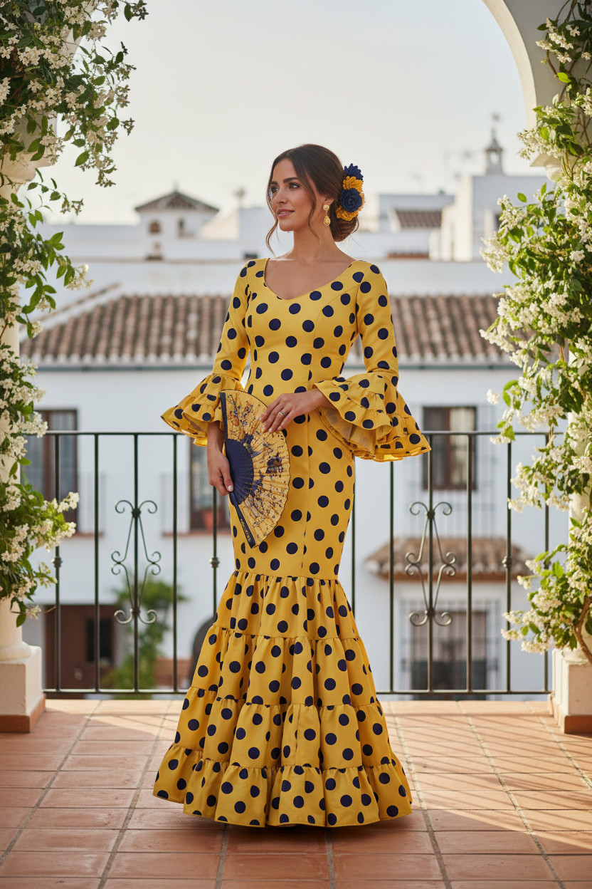 Talla 34. Traje de Flamenca. Mod. Eva Amarillo lunares negros