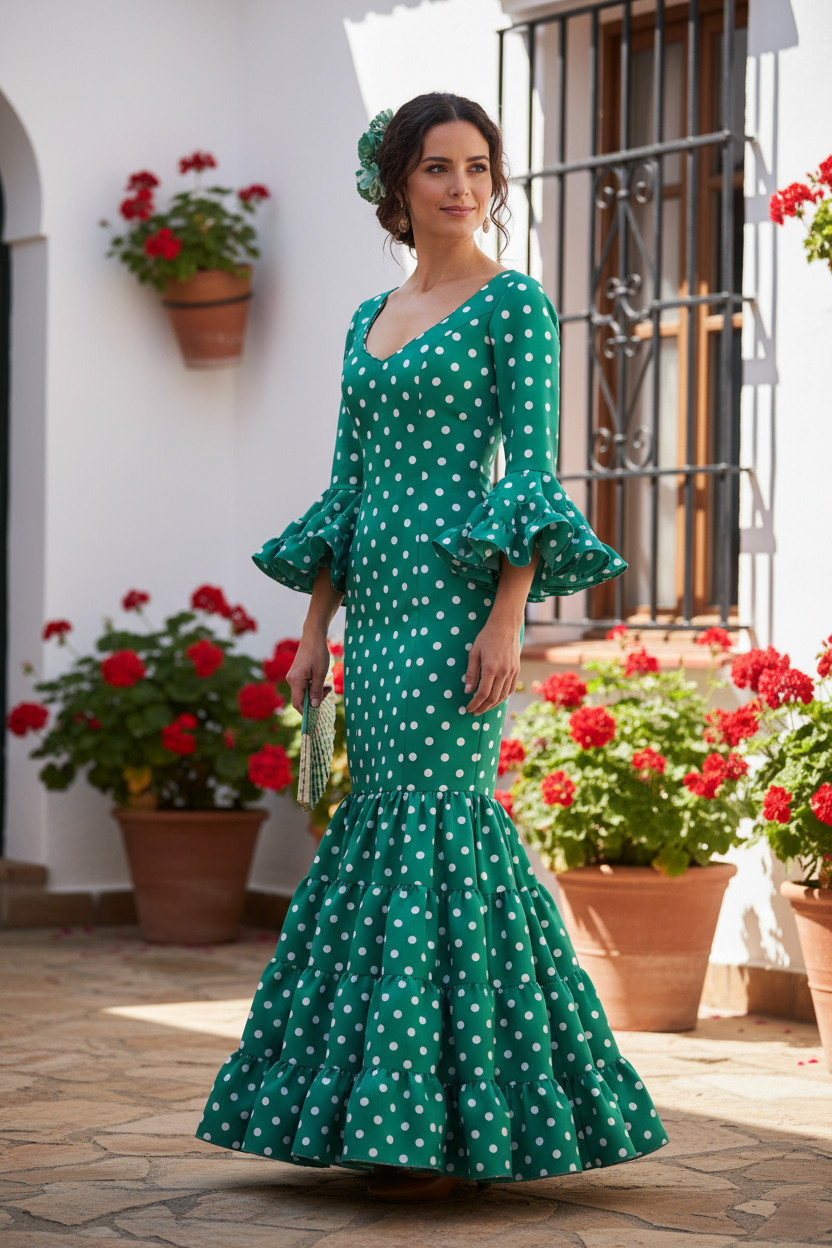 Talla 34. Traje de Flamenca. Mod. Eva Verde lunar blanco