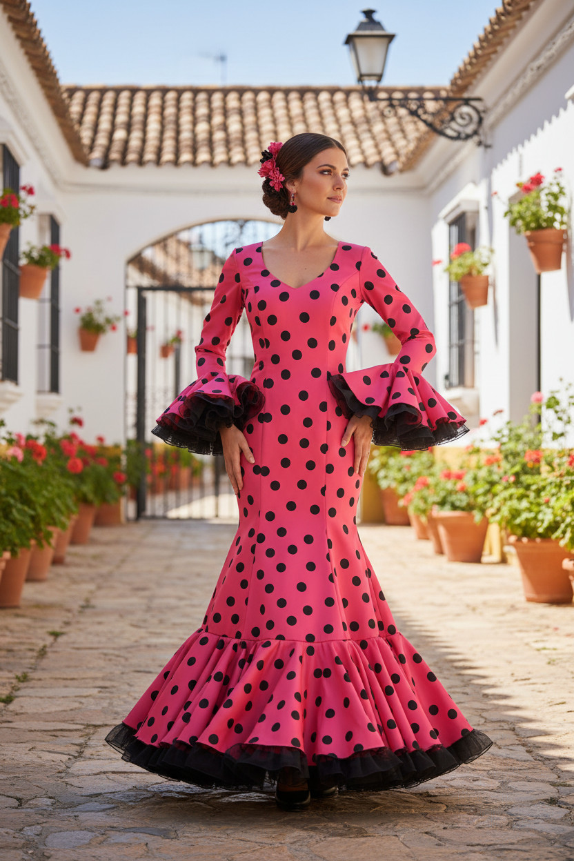 Talla 38. Vestido de Flamenca. Murillo Frambuesa lunar flocado negro