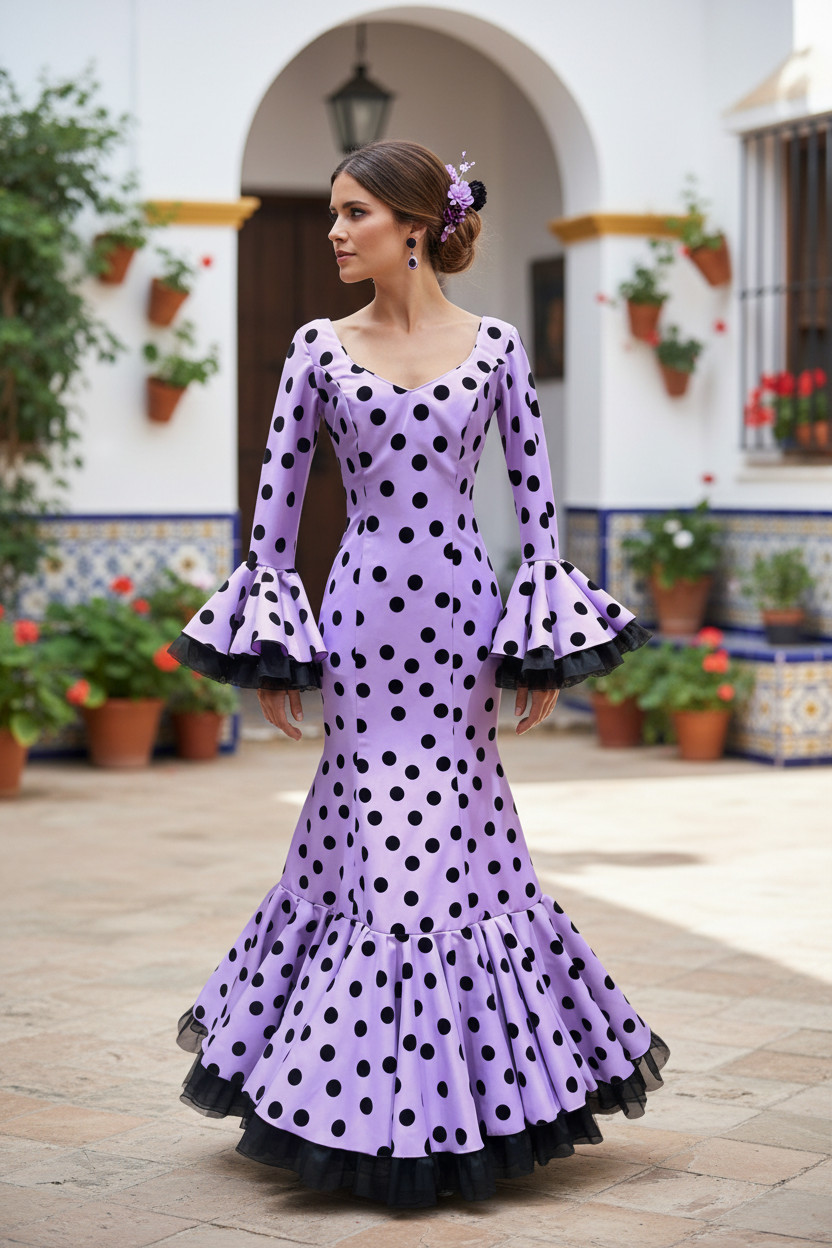 Talla 38. Vestido de Flamenca. Murillo Malva lunar flocado negro