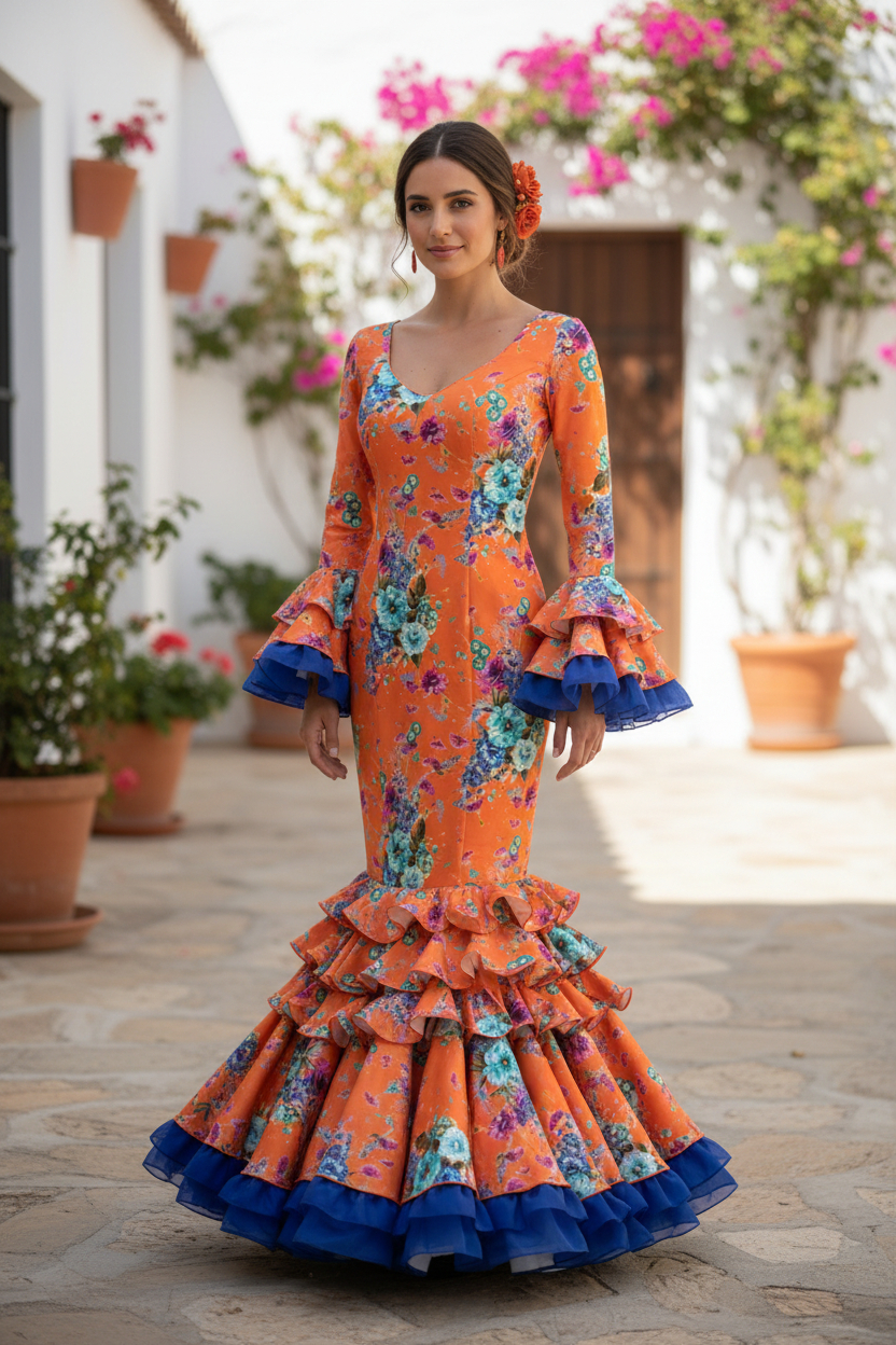Talla 40. Traje de flamenca Perla naranja con flores y detalles azules