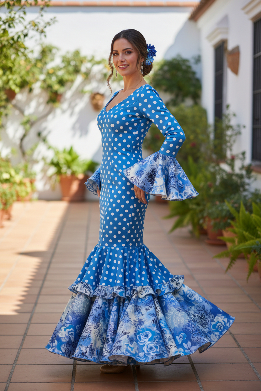 Talla 40. Traje de flamenca Picasso en tonos azules lunares blancos