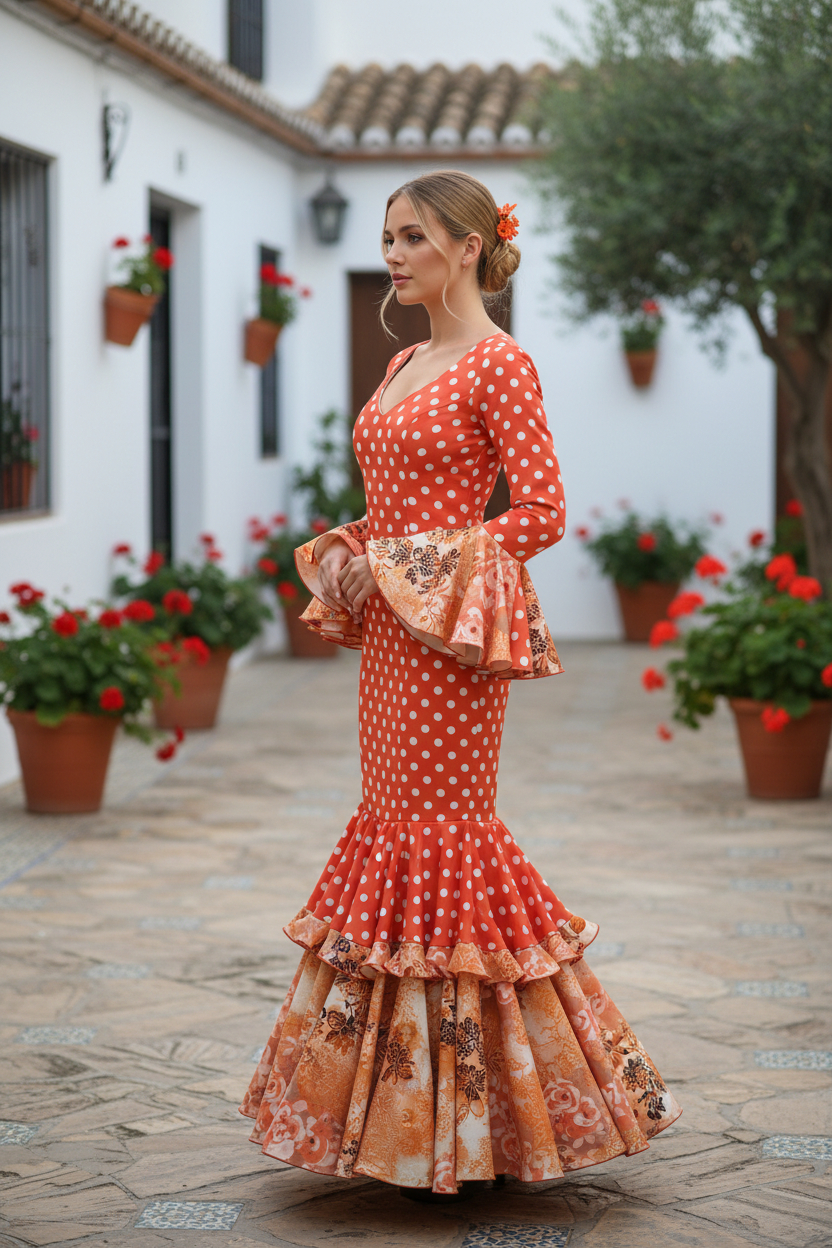 Talla 40. Traje de flamenca Picasso de lunares y estampado en tonos naranjas
