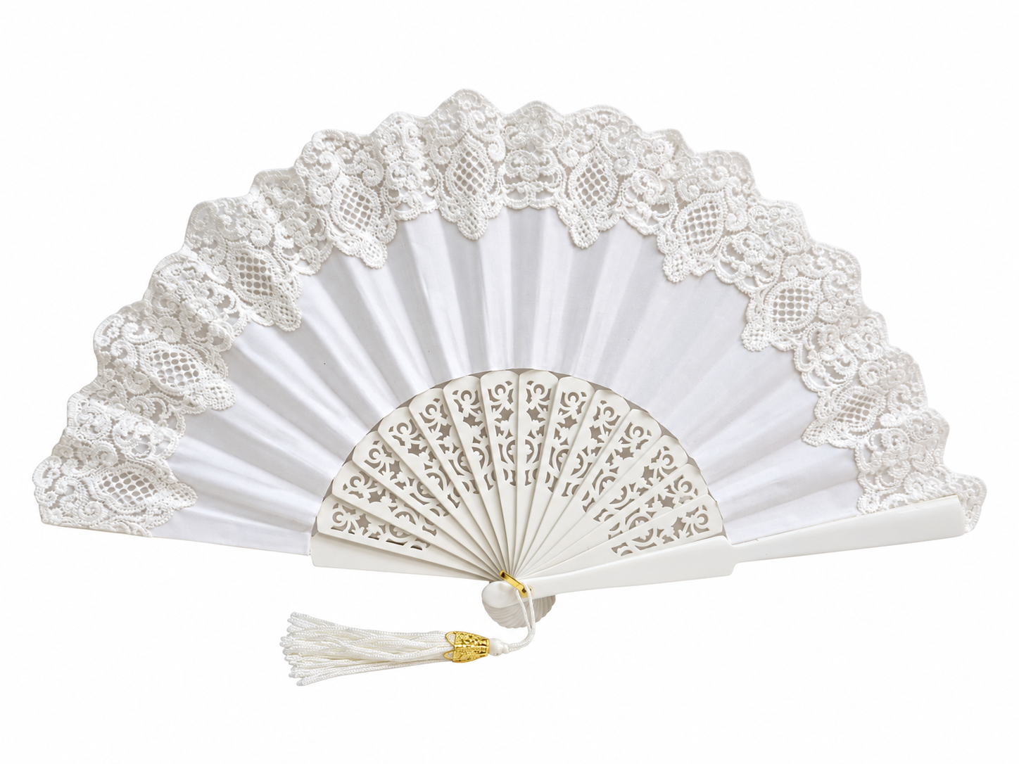 Abanico de ceremonia para novia color marfil de madera calada con tela y puntilla. Abanico elegante de boda