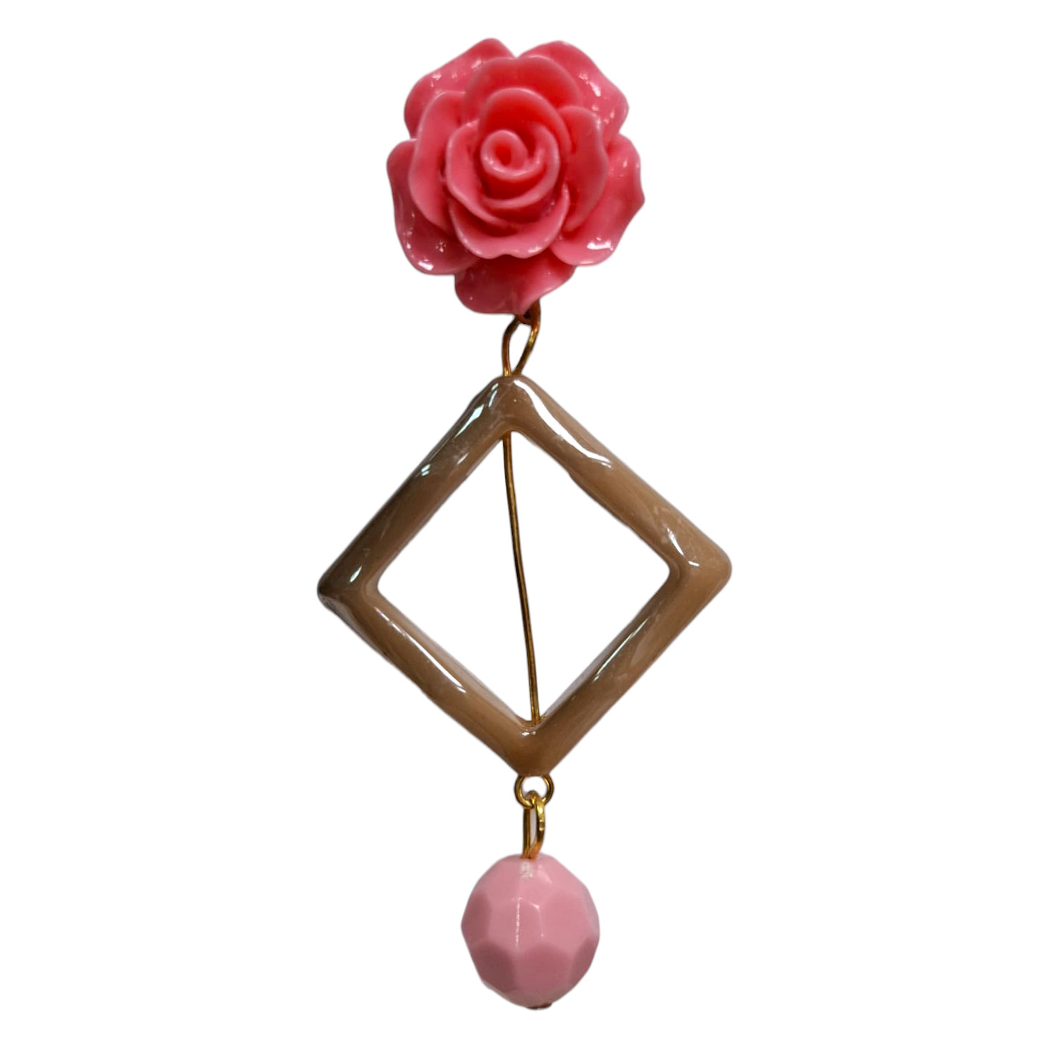 Pendientes Flamenca Artesanales de Rombo con Rosa. Complementos Sevillanos para Feria y Romería