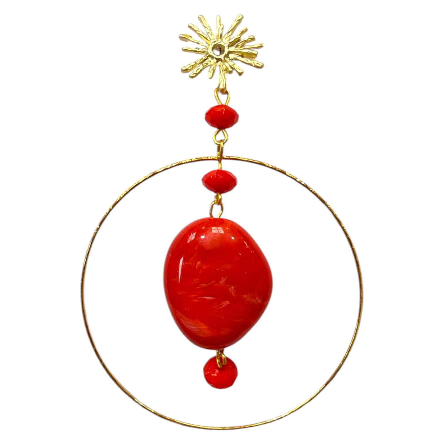Red flamenco earrings with a golden hoop and traditional style