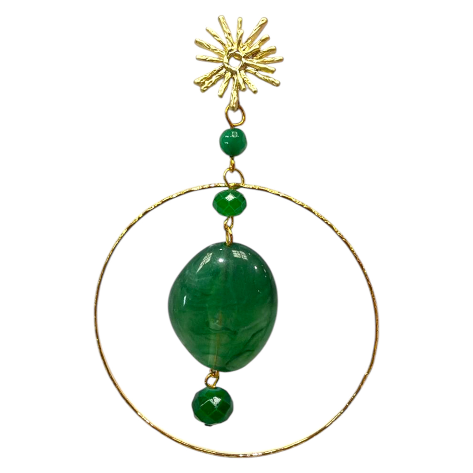 Pendientes de flamenca verdes con aro dorado y piedra central elegante