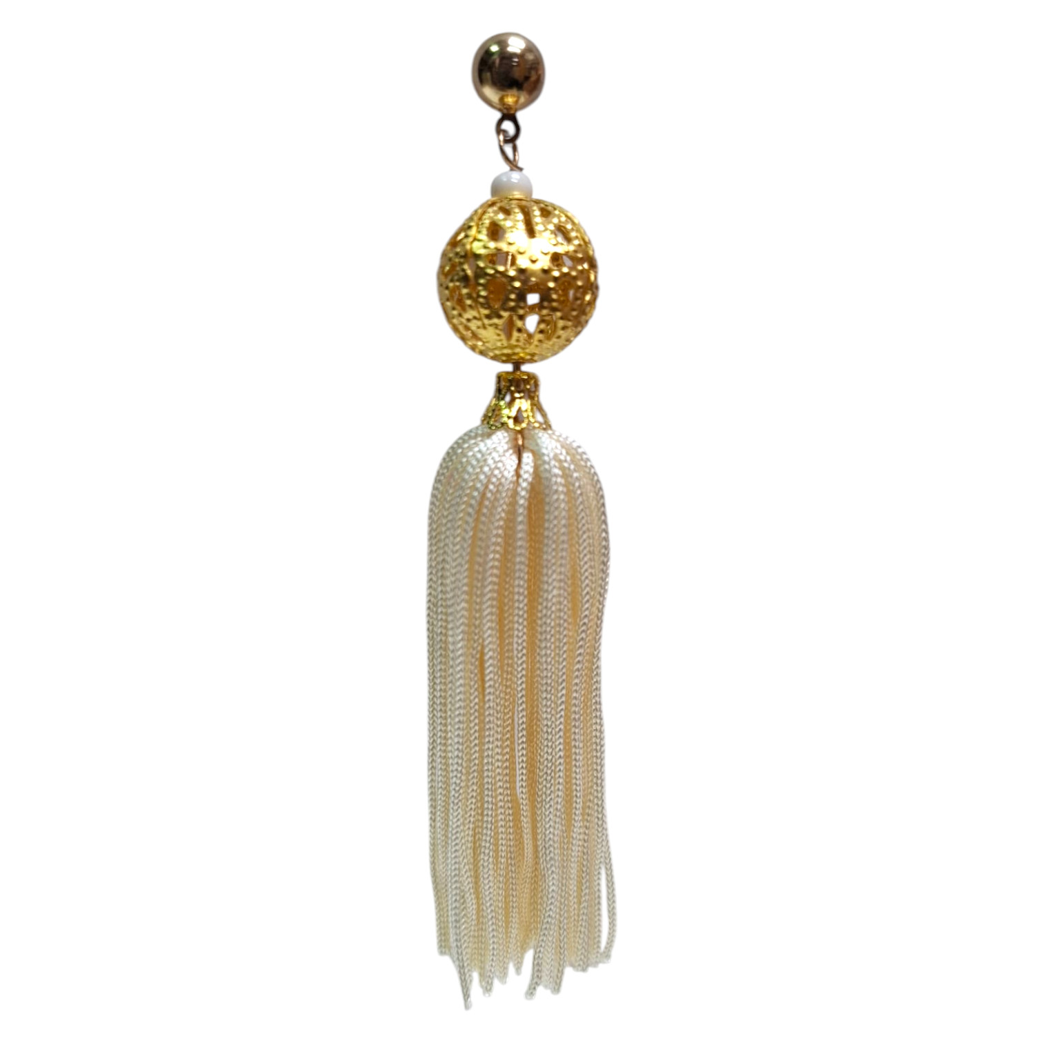 Pendientes de Flecos Flamencos con Bola Dorada y Diseño elegante. Marfil
