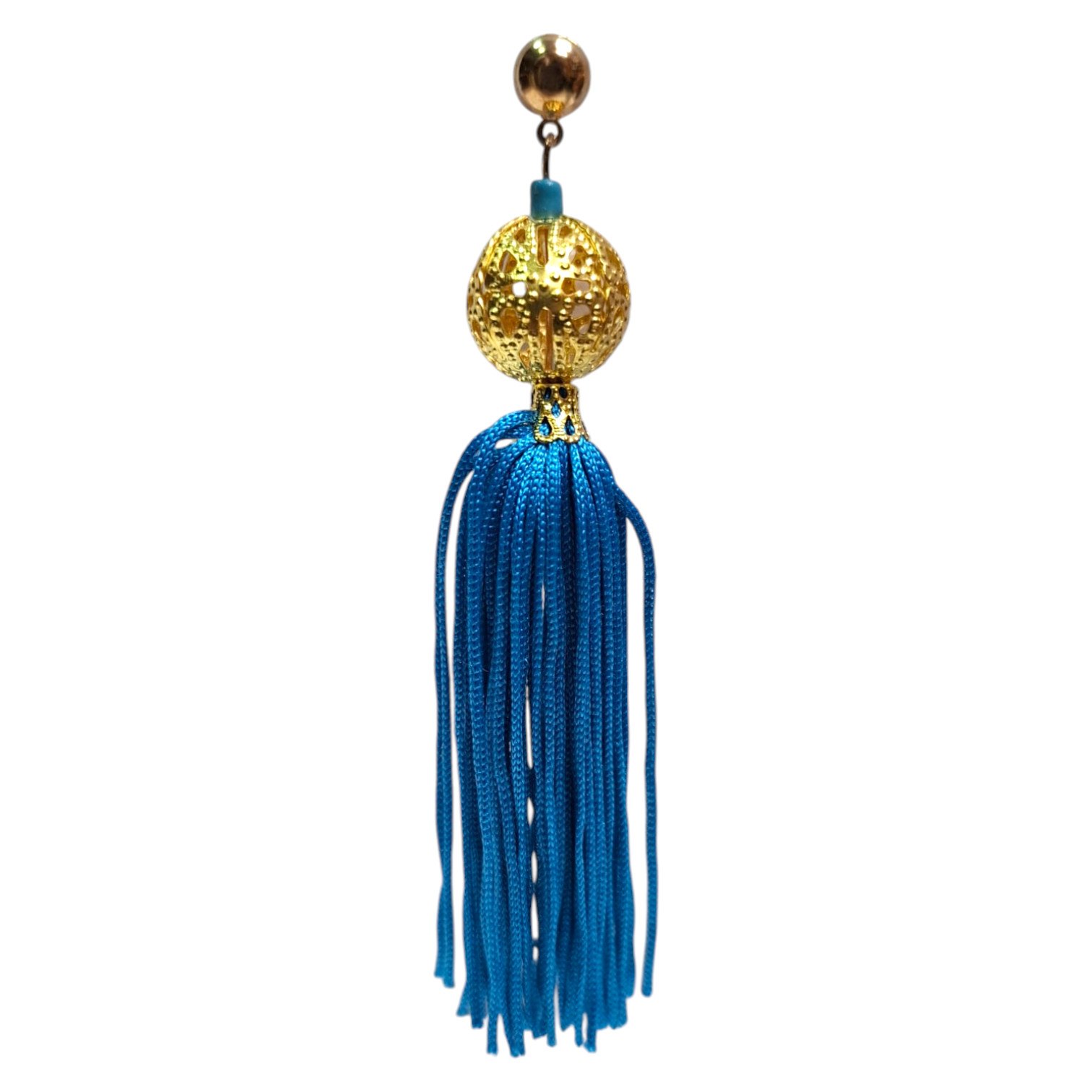 Pendientes de Flamenca con Flecos Largos y Bola Dorada. Turquesa