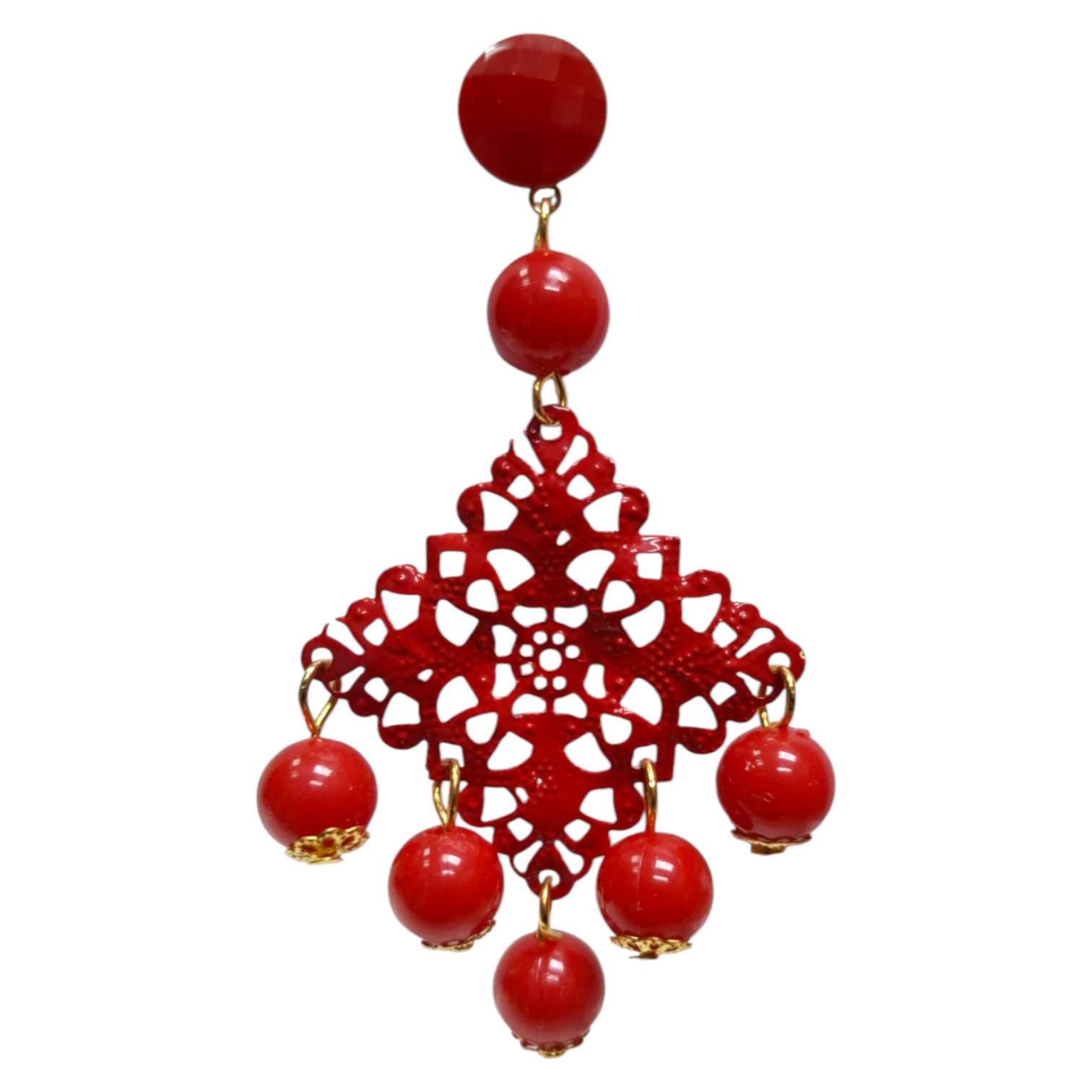 Pendientes de Feria Flamenca con Rombo de Filigrana y Bolas de Plástico