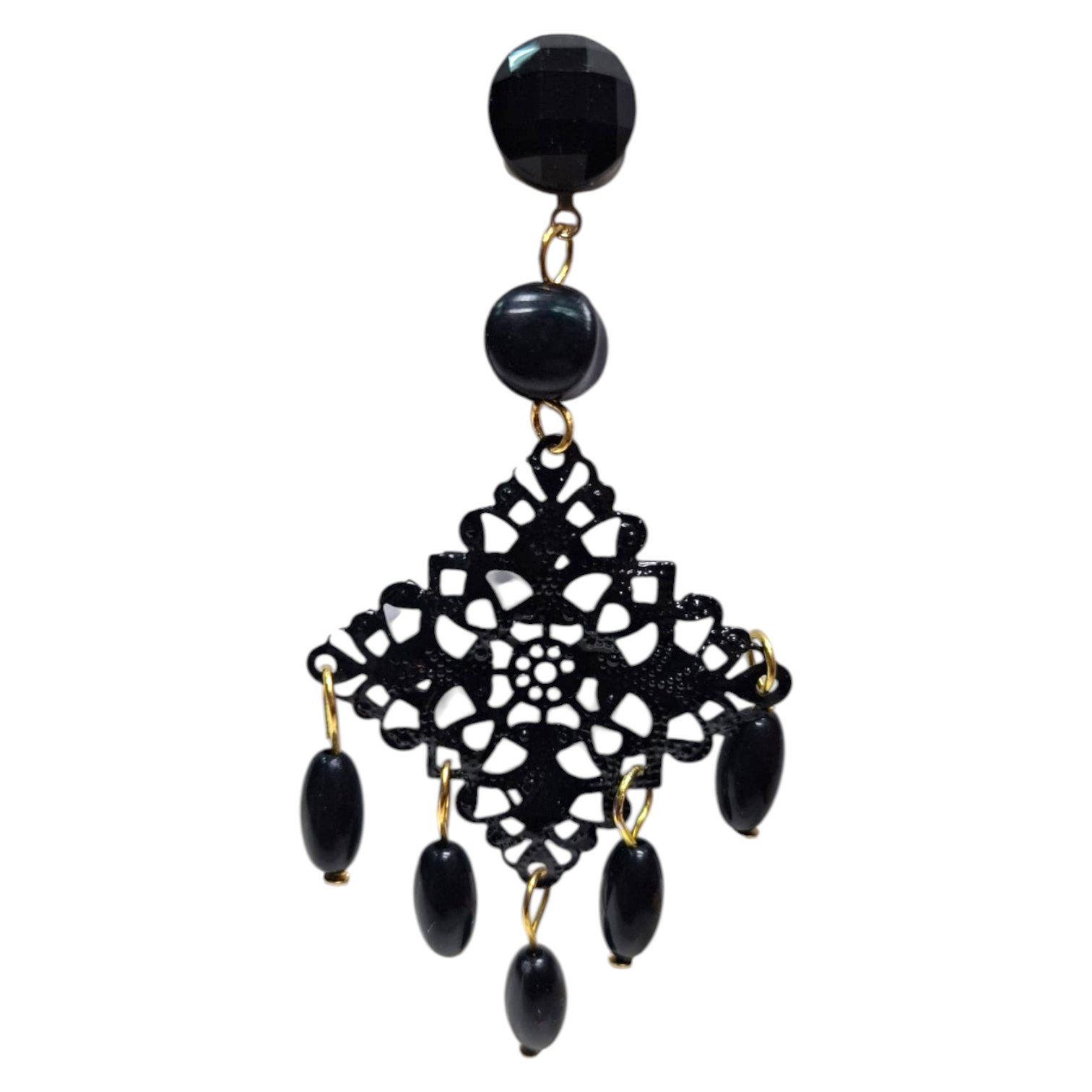 Pendientes de Feria Flamenca con Rombo de Filigrana y Bolas de Plástico Negro