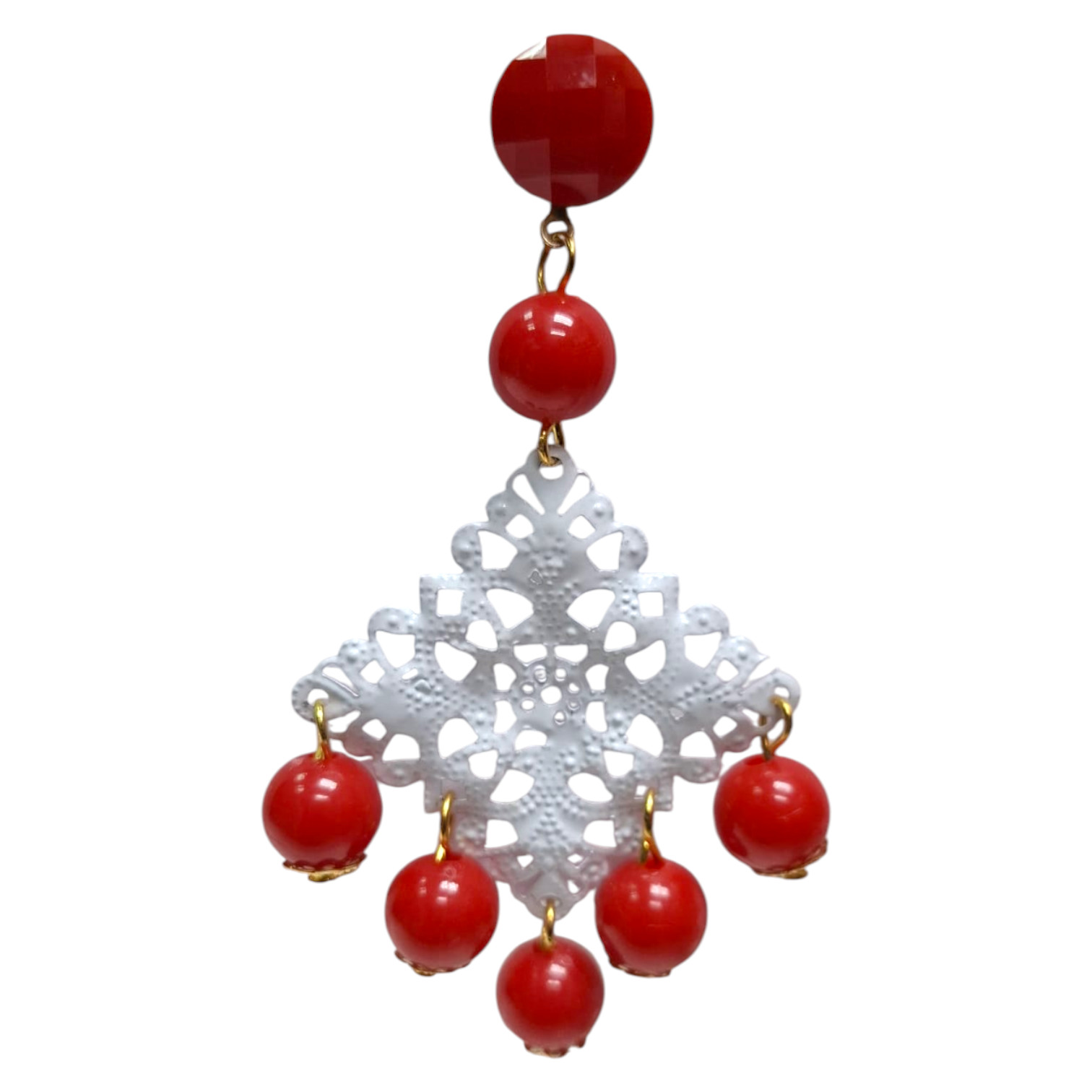 Pendientes de Flamenca con Diseño de Rombo Metálico Blanco y Bolas Rojas