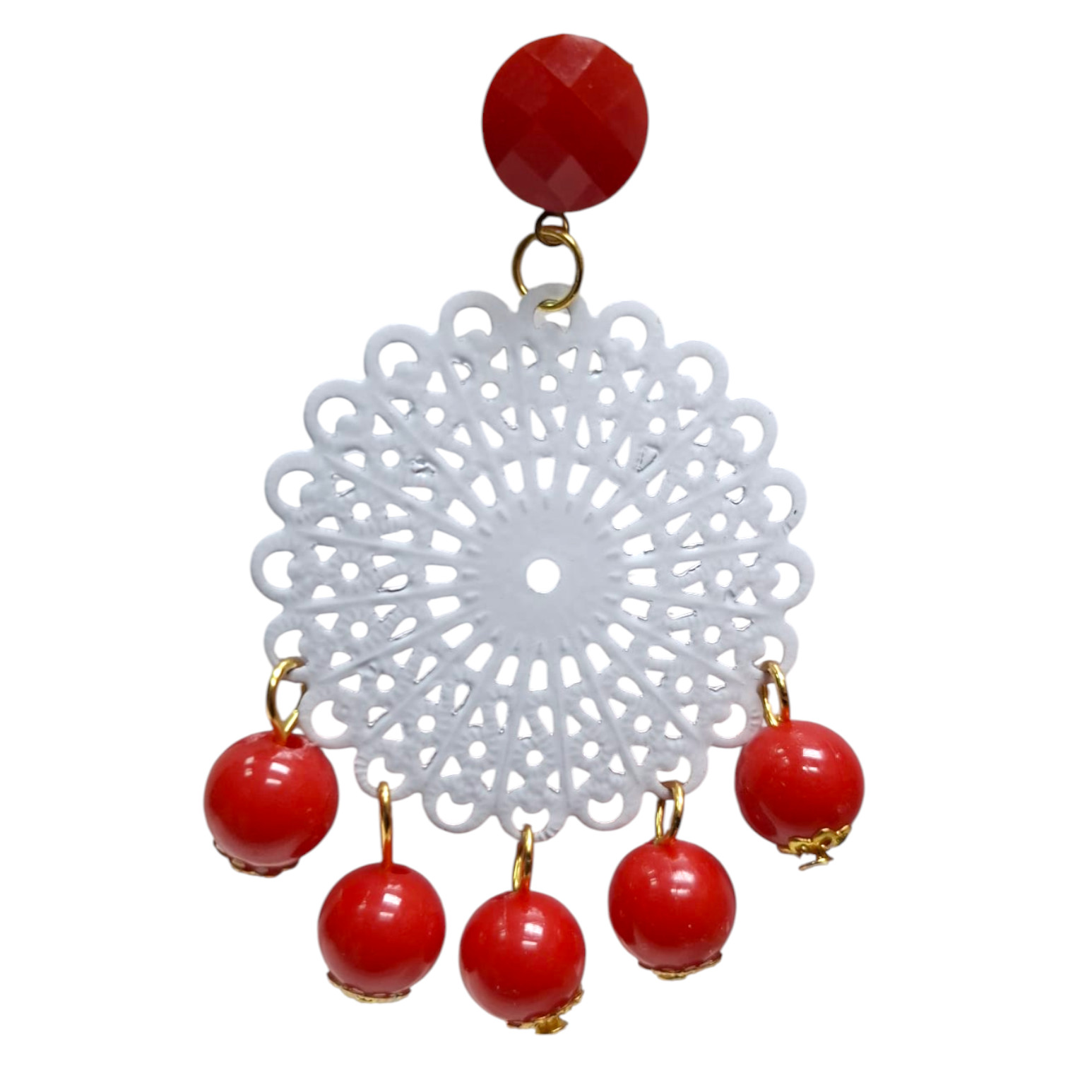 Pendientes de Flamenca con Filigrana Metálica Redonda y 5 Bolitas Colgantes. Hechos en Sevilla