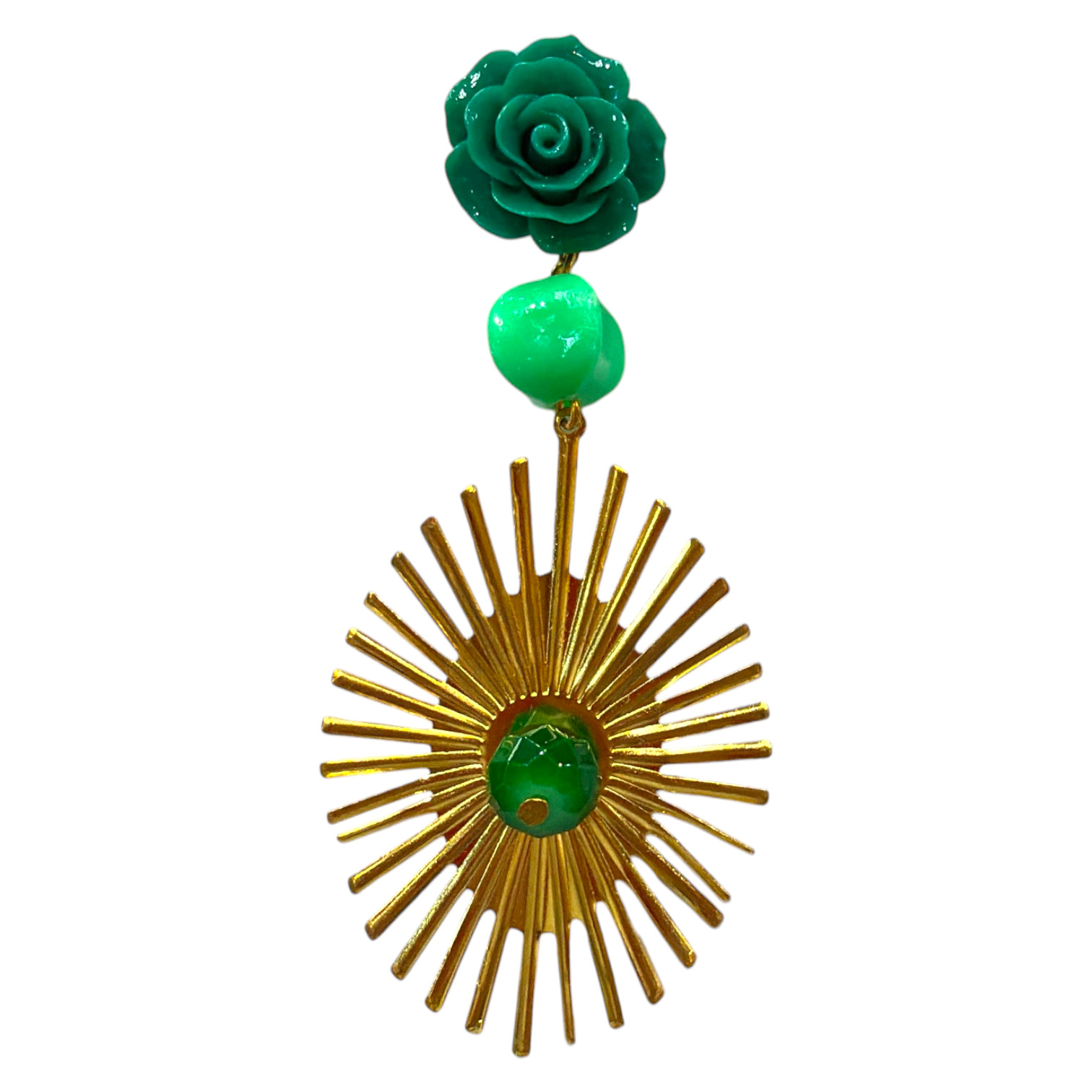 Boucles d'oreilles flamencos dorées ovales avec pierre verte. Grandes boucles d'oreilles pour la foire et la romería