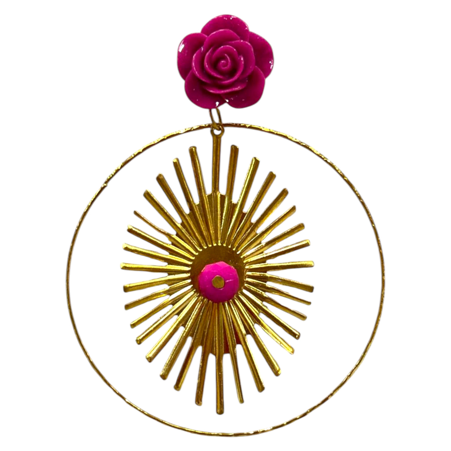 Golden Flamenco Earrings with Circular Hoop and Rays, and Bougainvillea Stone. Elegant Fair Earrings