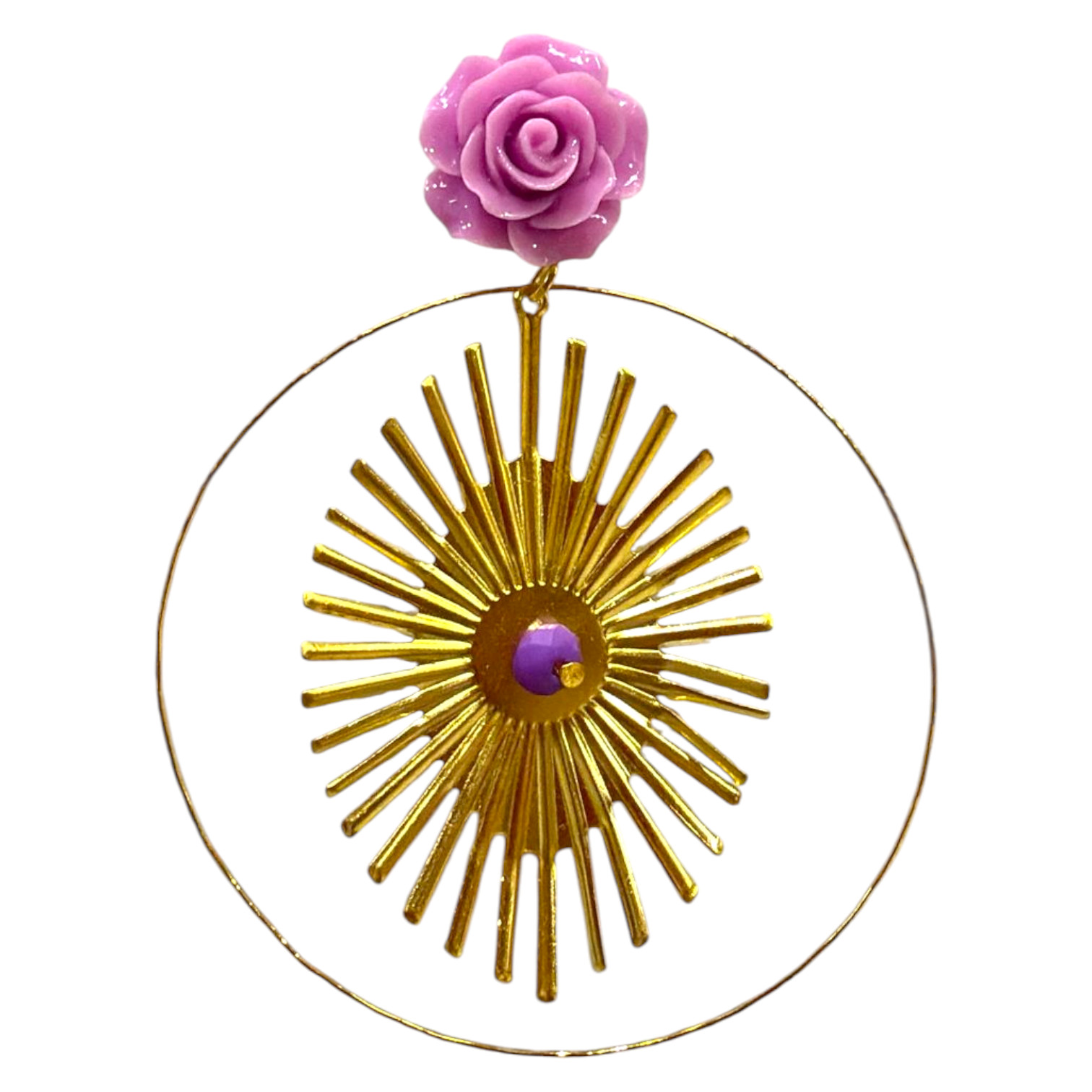 Pendientes Dorados Flamencos con Aro y Rayos Piedra y Bolita Malva Pendientes Grandes Mujer