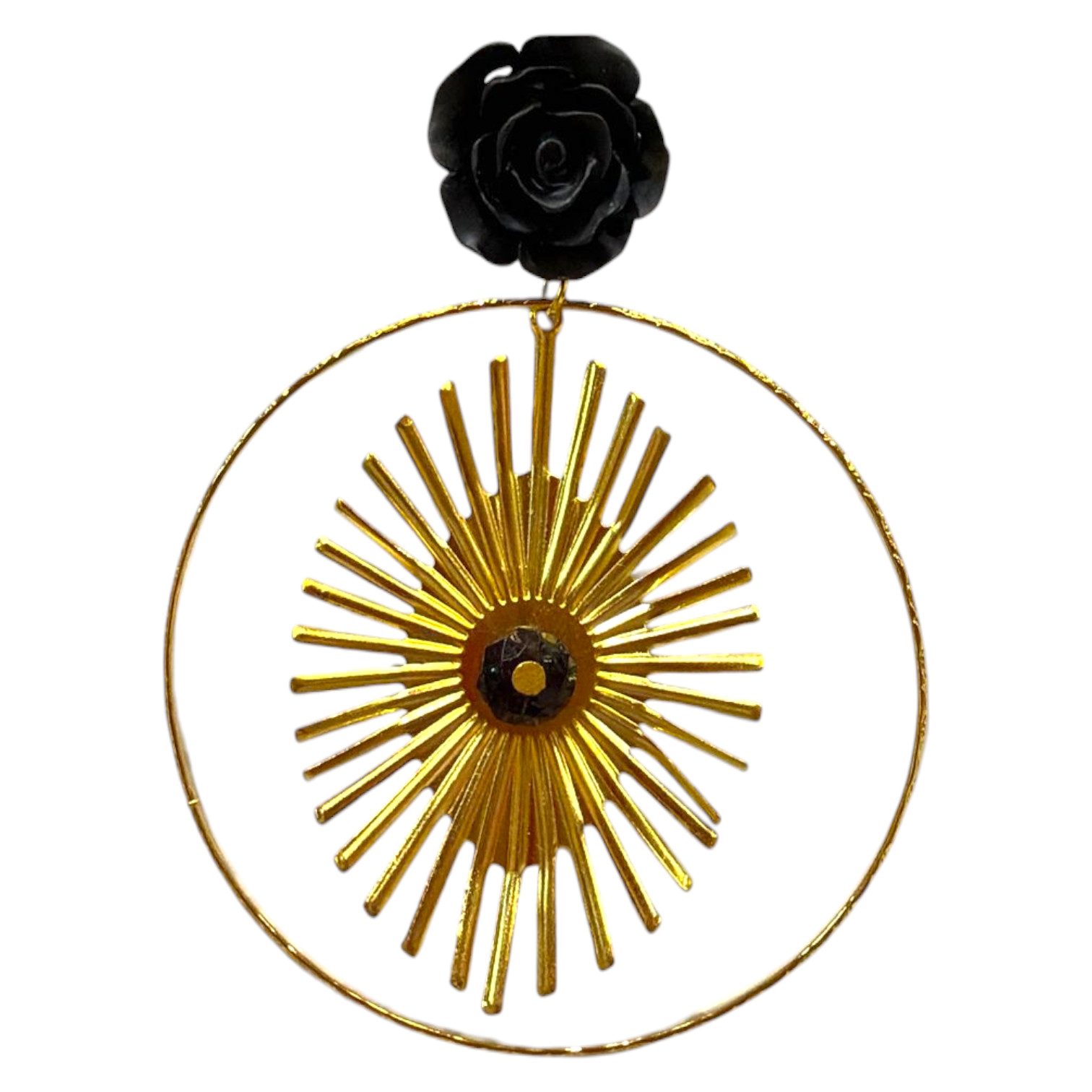 Flamenco Earrings with Golden Hoop, Rays, and Black Stone. Elegant Design with Rose at the Closure