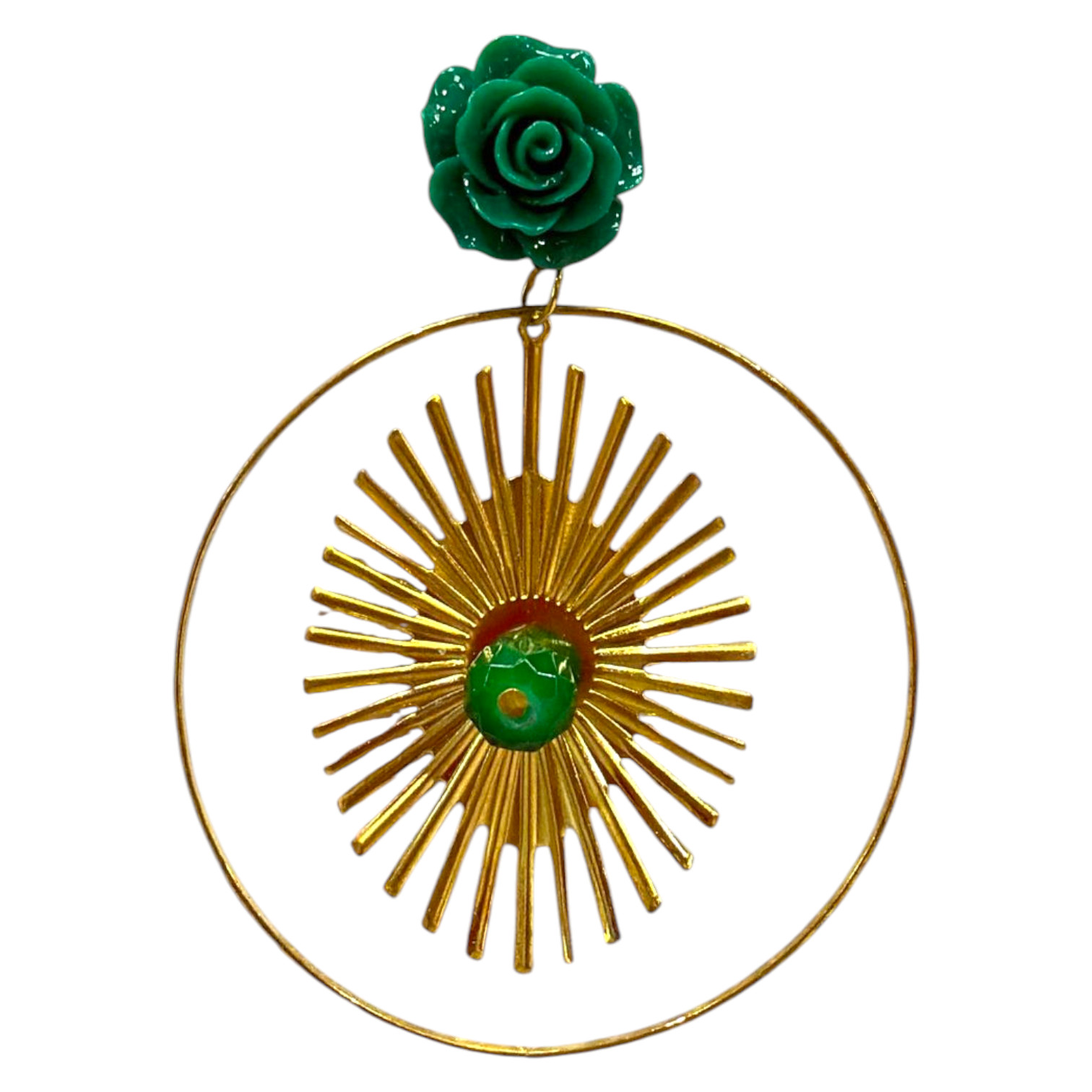 Pendientes de Flamenca con Aro y Rayos Dorados Piedra Central Verde y Bolita al Tono