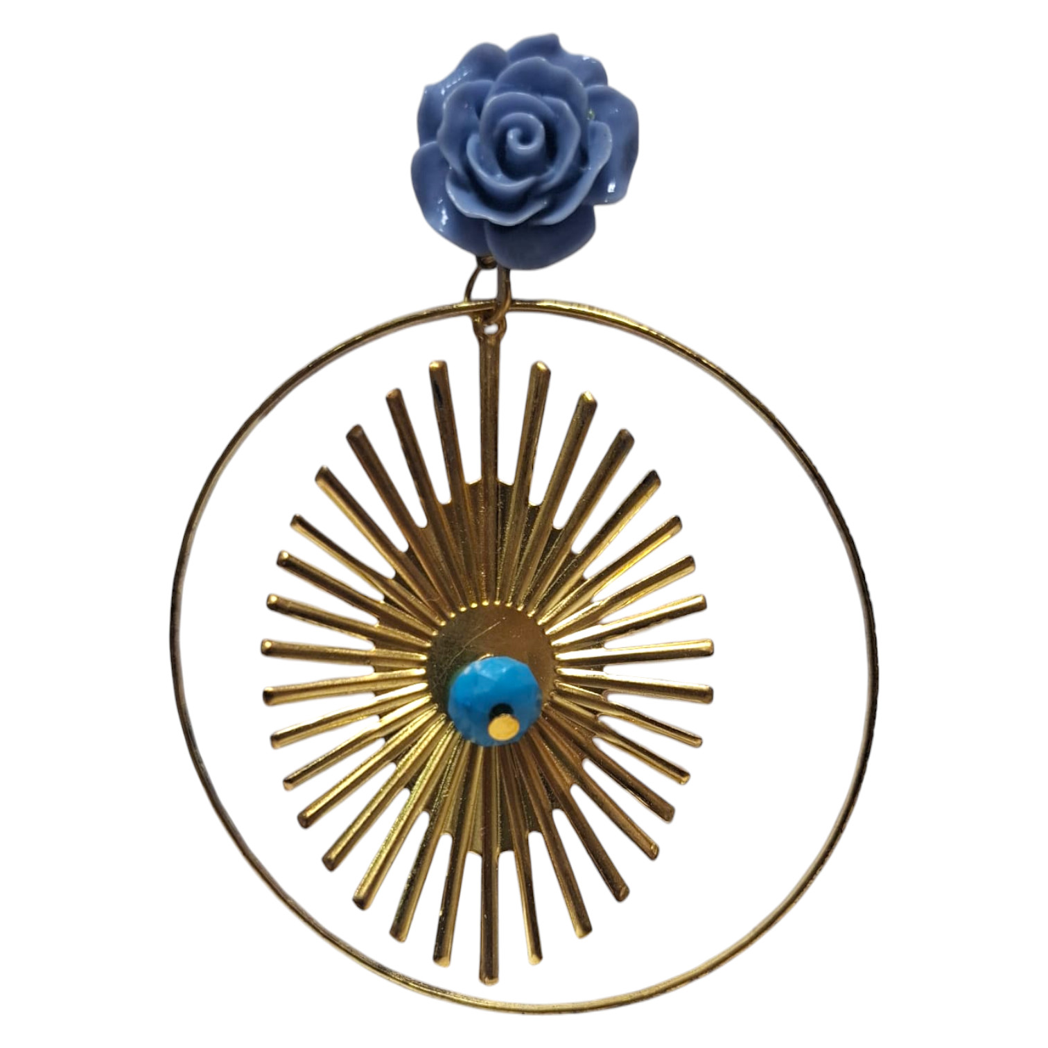 Pendientes de Flamenca con Rosa Azul con Rayos y Aro Dorado