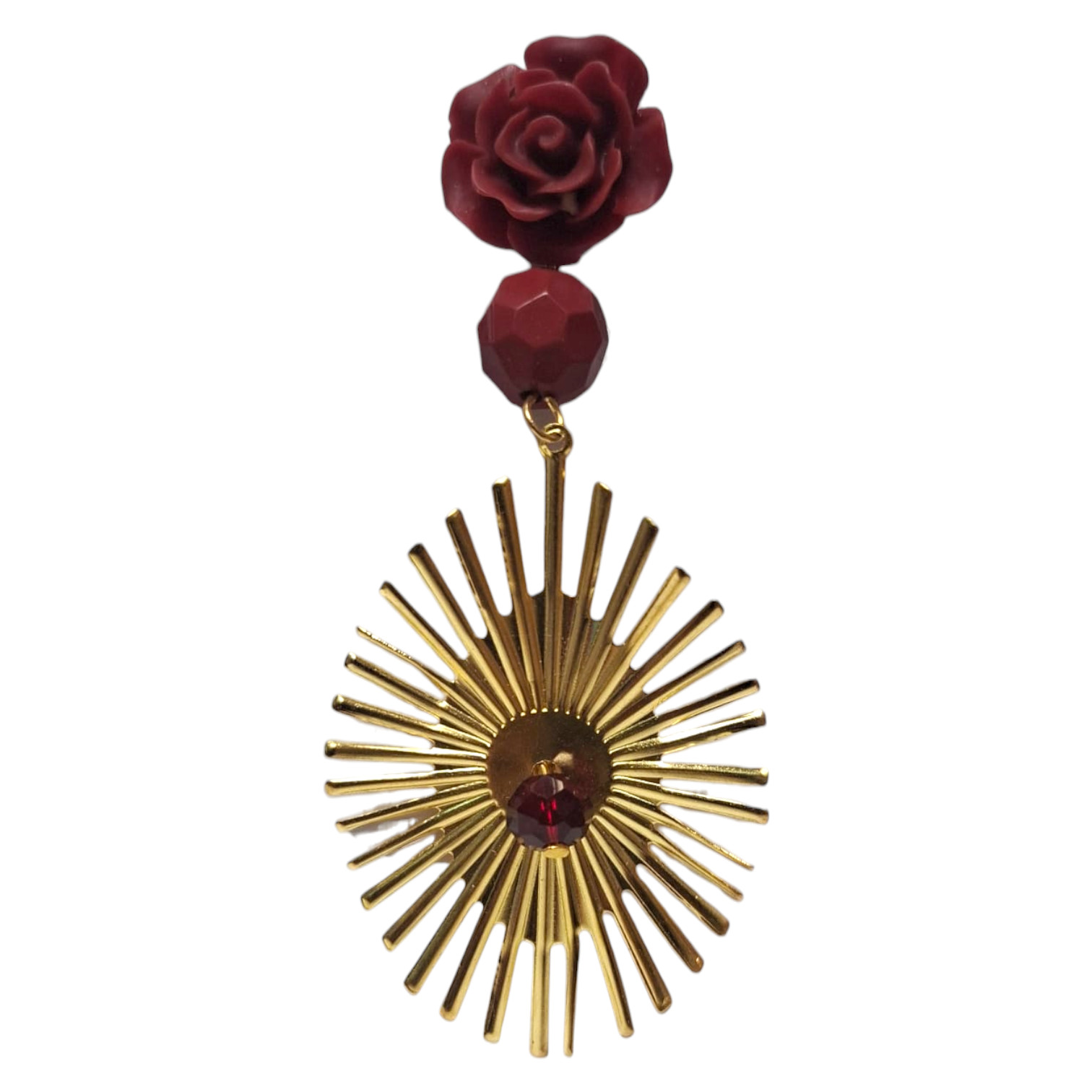 Pendientes Flamencos Dorados Ovalados con Rayos con Piedra Granate para Traje de Flamenca