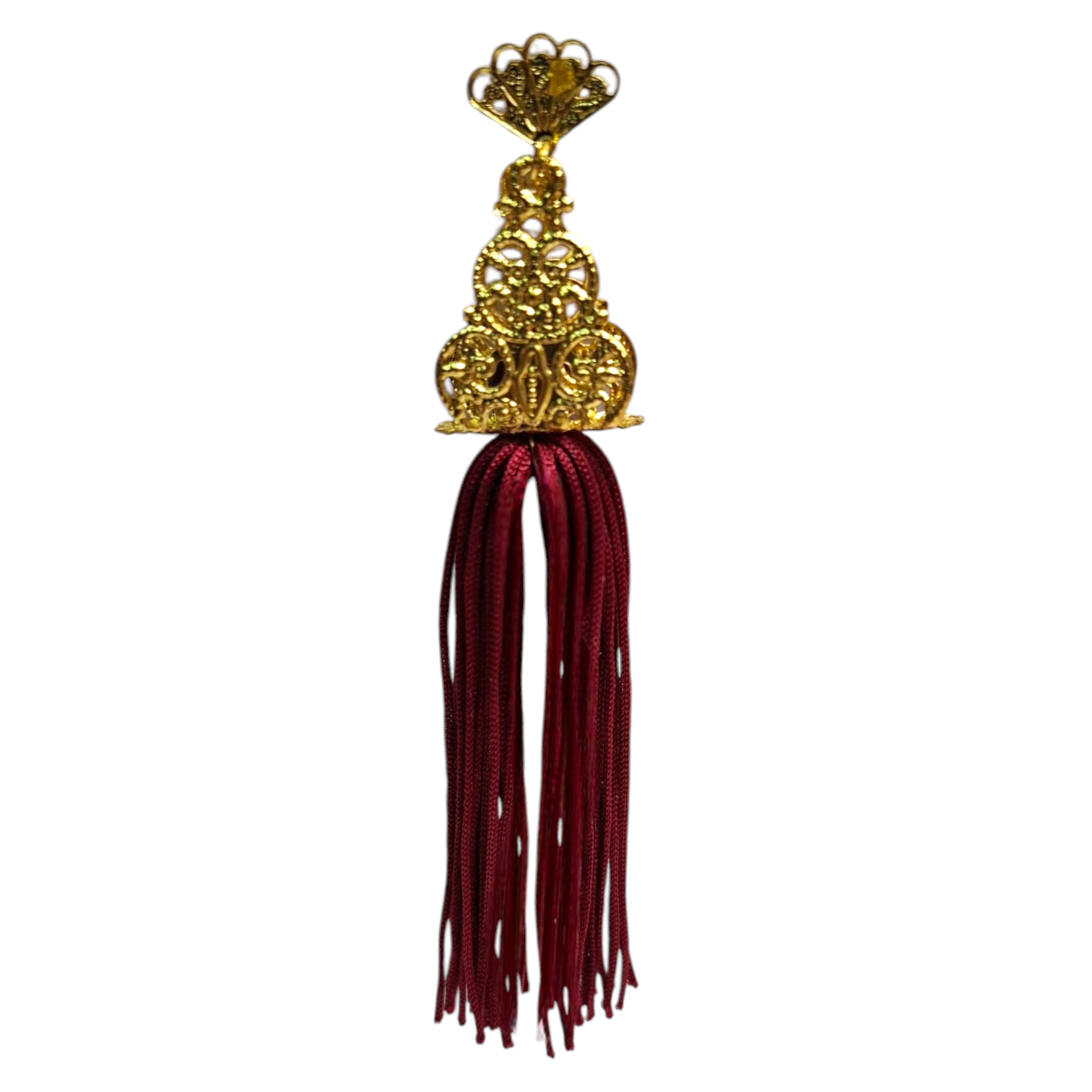 Boucles d'oreilles flamenco dorées avec filigrane et franges grenat. Design exclusif pour événements flamenco