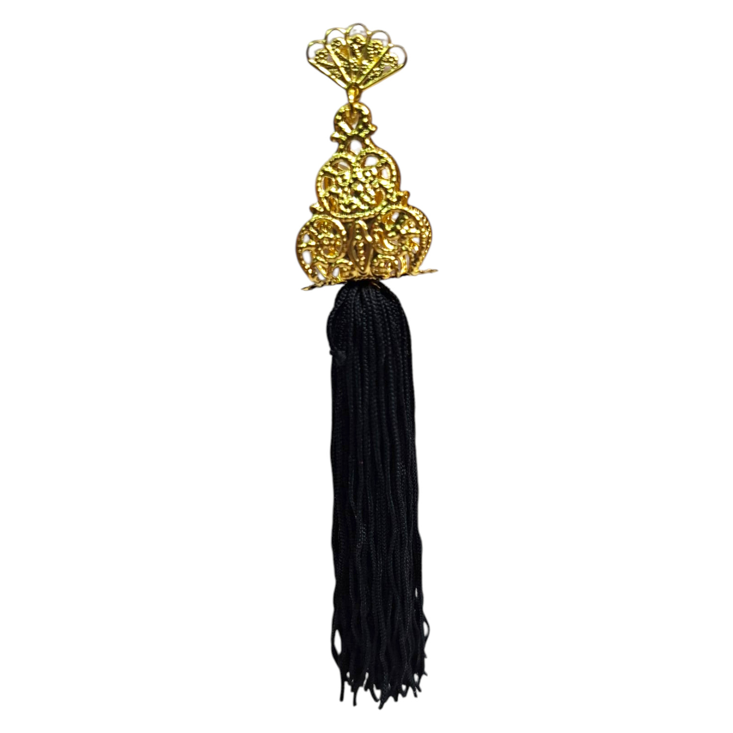 Pendientes de Flamenca Filigrana Dorada con Flecos Negros. Sofisticación para Feria y Romería