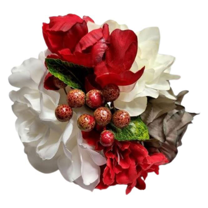 Ramillete de Flamenca Rojo y Blanco con Flores y Bayas. Complemento para Traje de Feria
