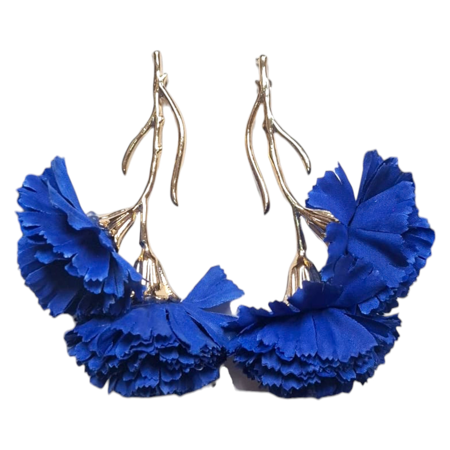 Pendientes de flamenca con 2 claveles pequeños azulón y rama dorada