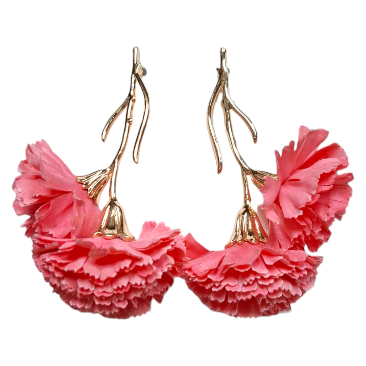 Pendientes de flamenca dorados con claveles pequeños para Feria y Rocio. Coral