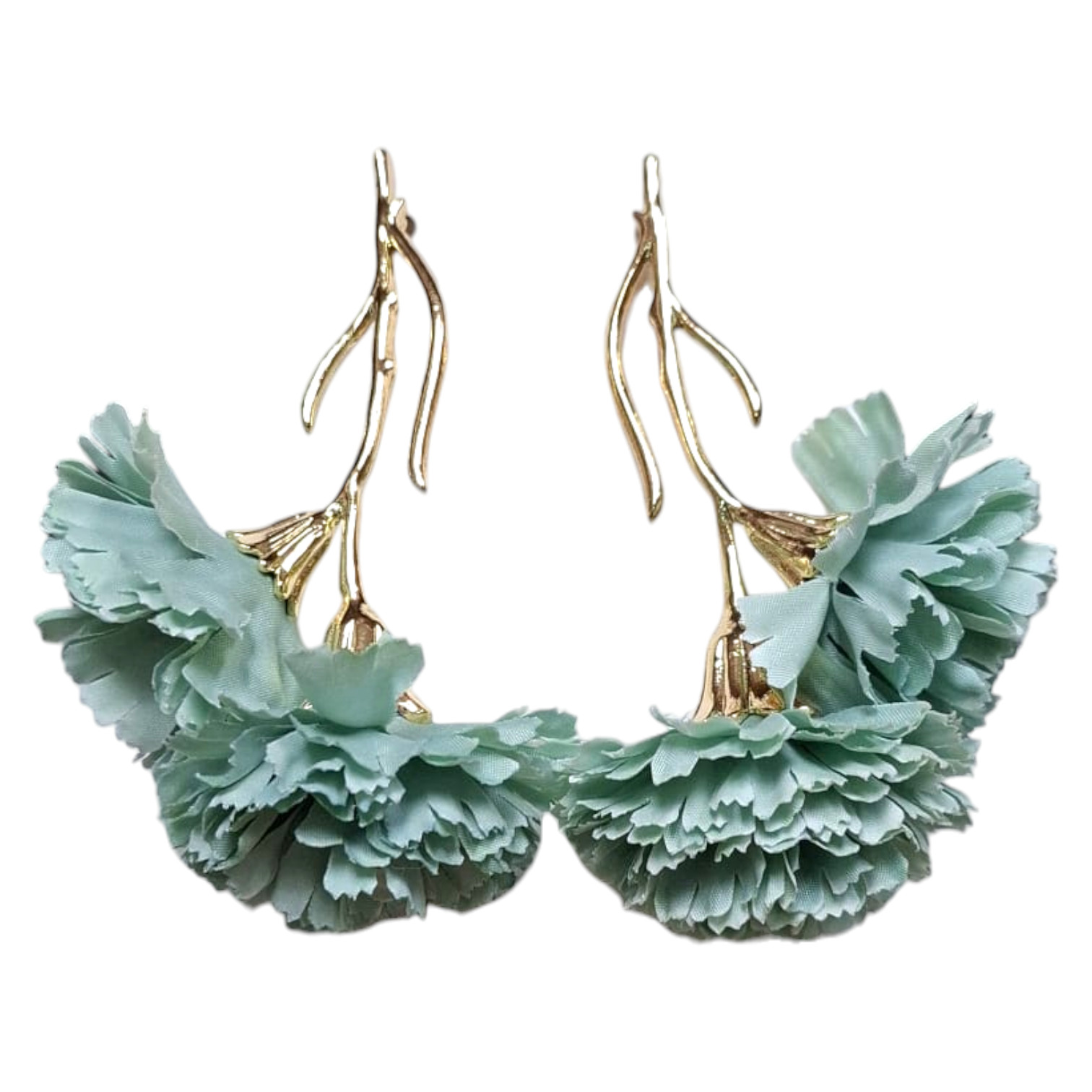 Pendientes flamenca dorados con 2 claveles mini verde jabonoso. Ideal feria y romerías