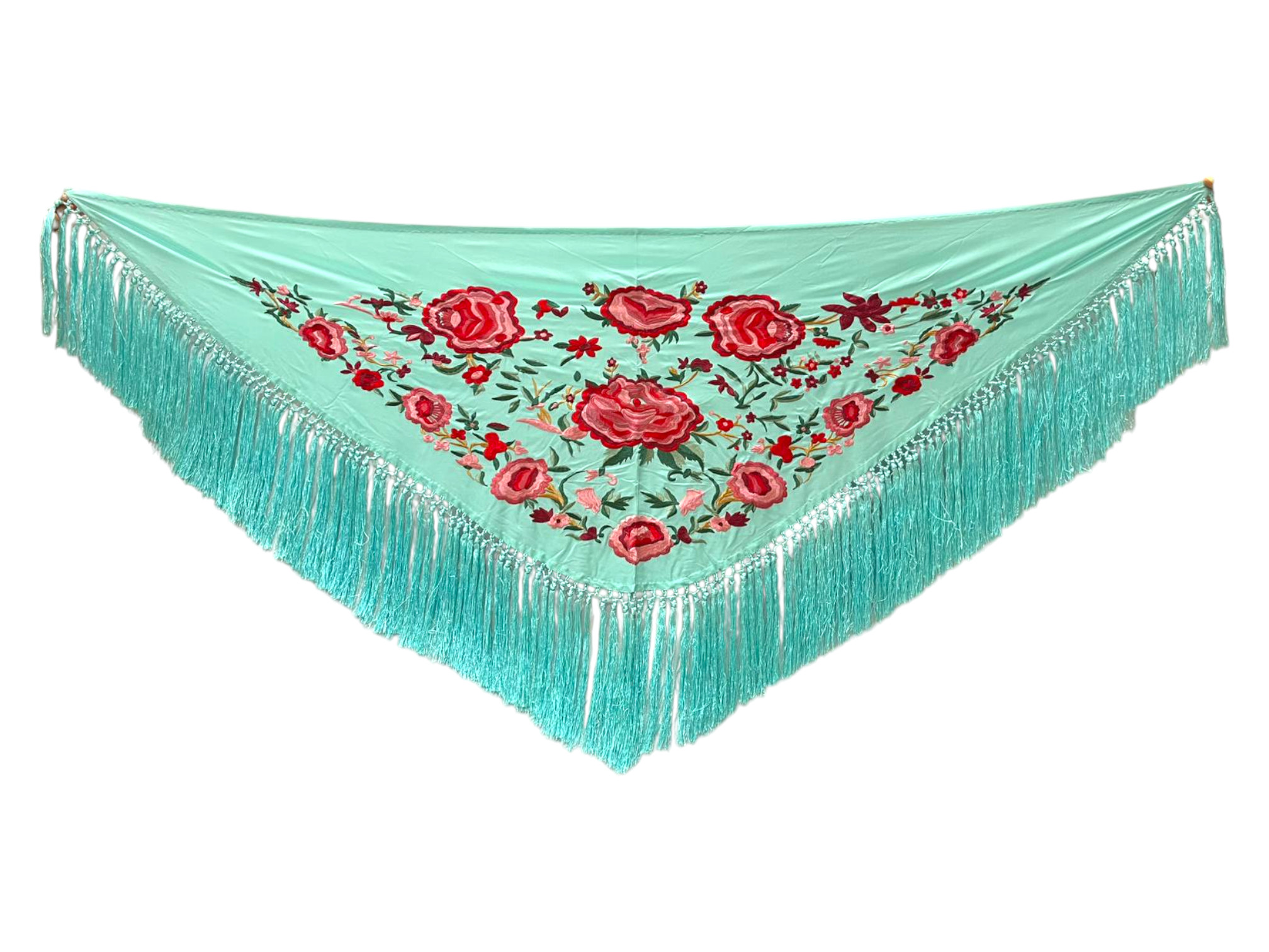 Mantoncillo de Flamenca Bordado con Peonias Grandes. Azul Celeste