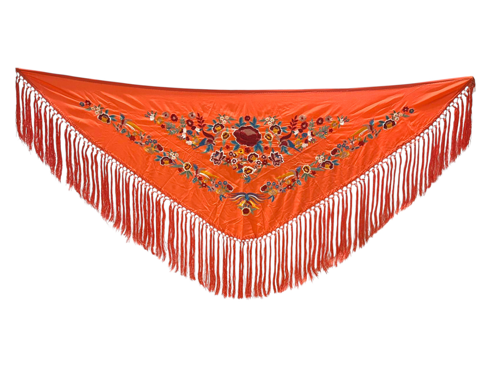 Embroidered Flamenco Shawl with Flowers. Orange