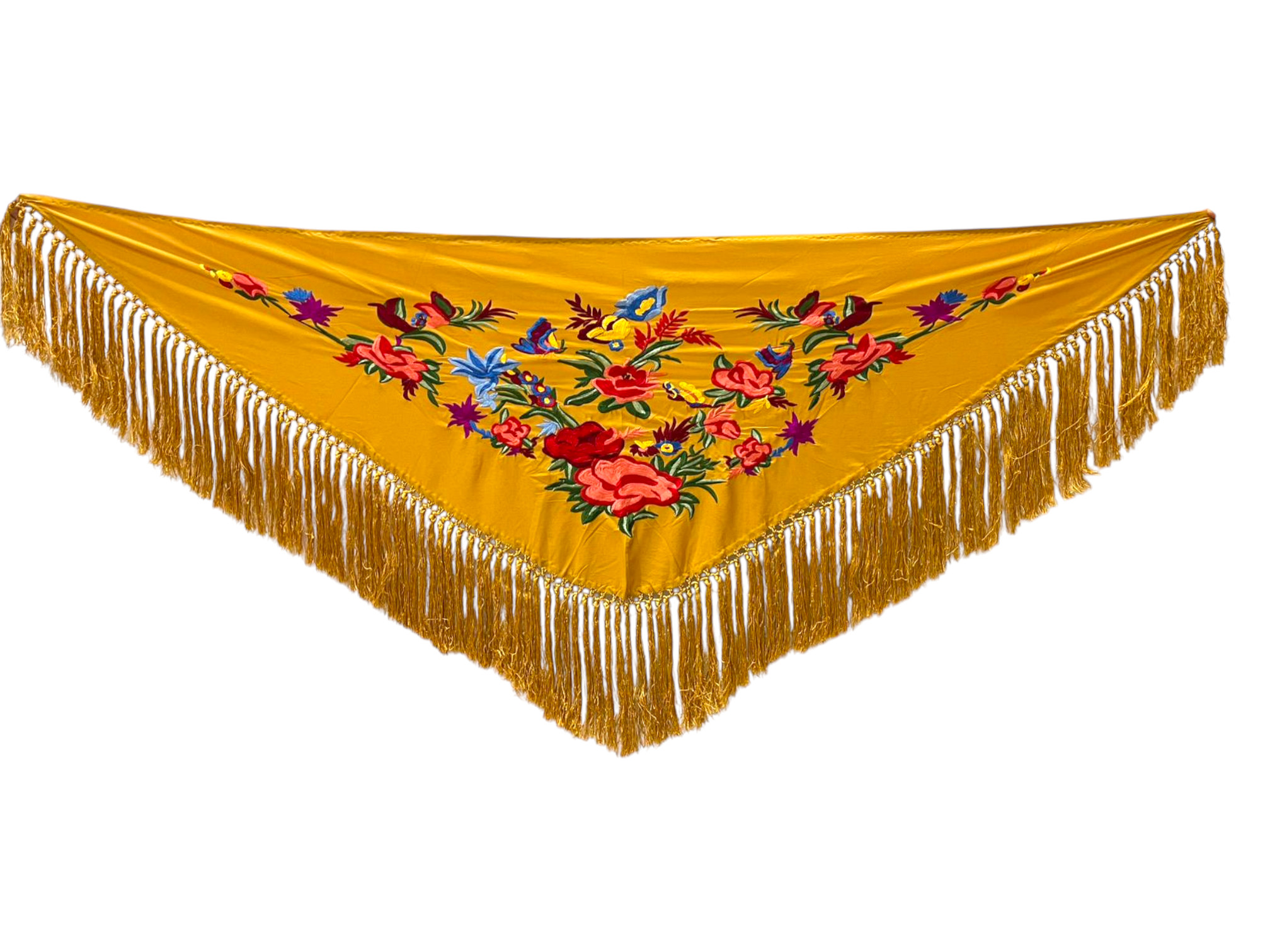 Embroidered Flamenco Shawl with Small Peonies. Mustard