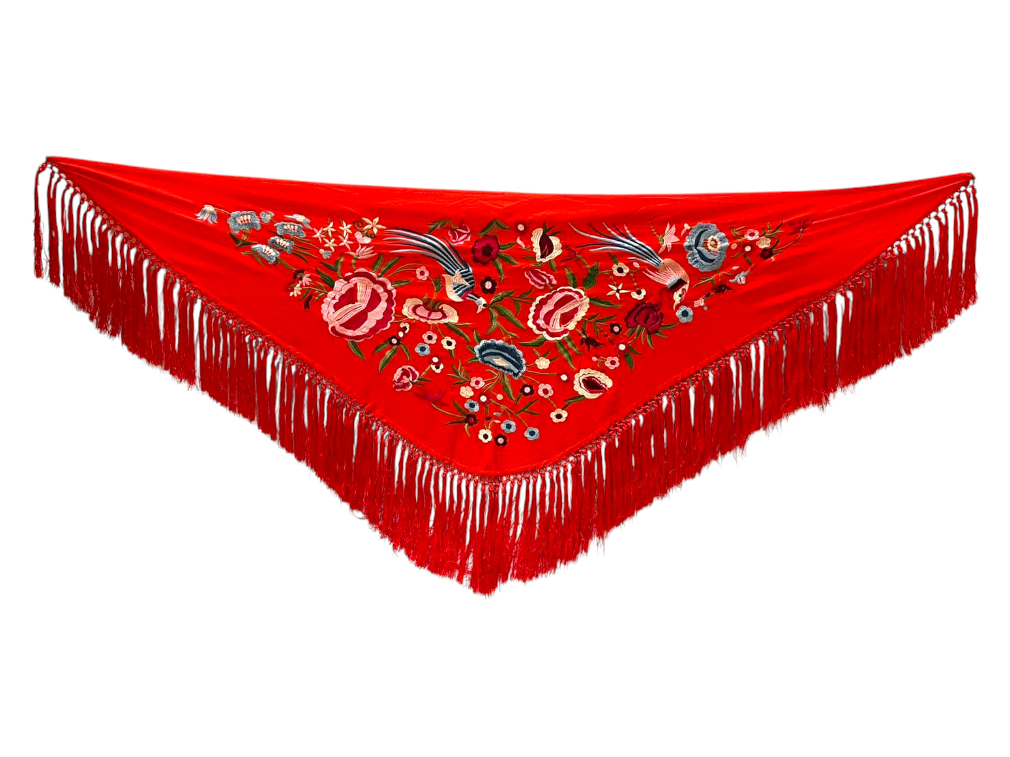 Mantoncillo de Flamenca Bordado con Pájaros y Flores. Rojo