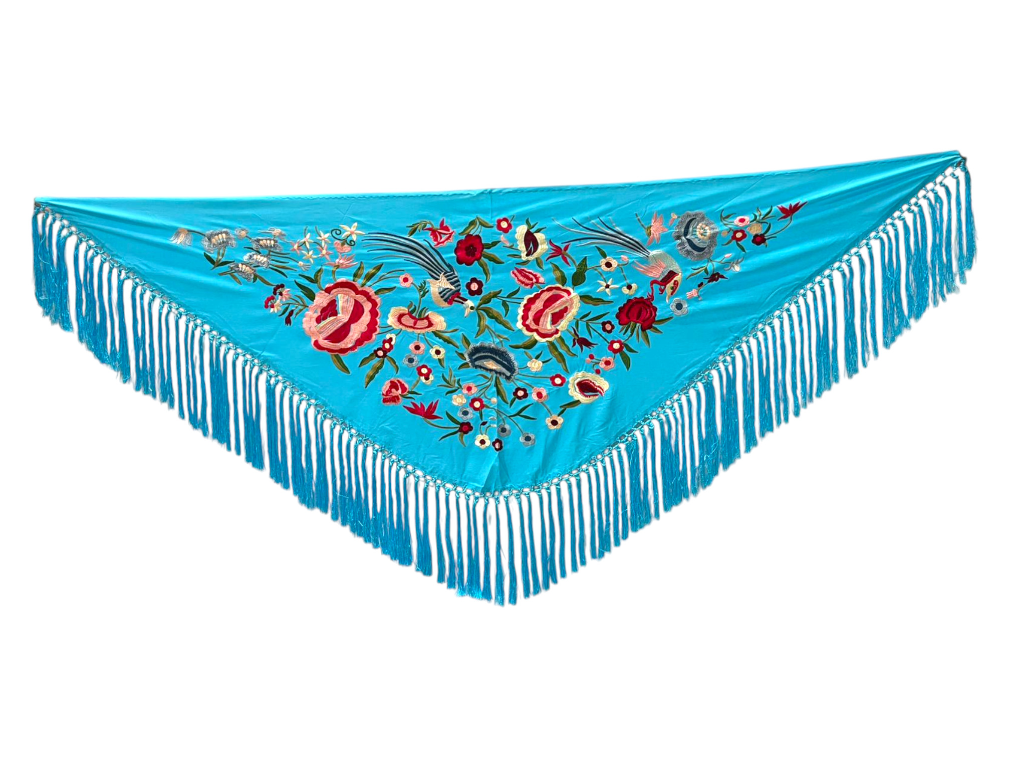 Mantoncillo de Flamenca Bordado con Pájaros y Flores. Turquesa