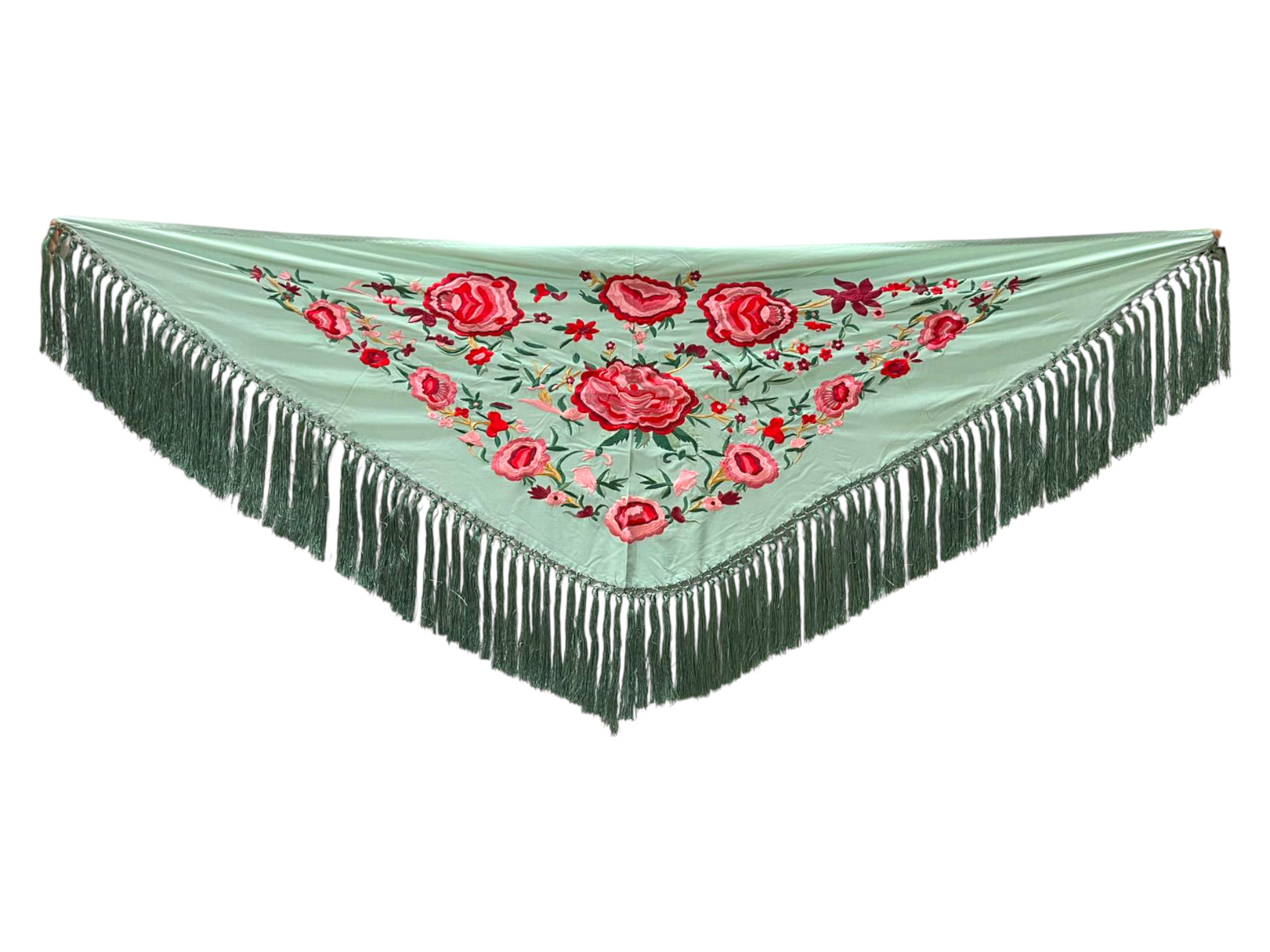 Mantoncillo de Flamenca Bordado con Peonias Grandes. Verde Jabonoso