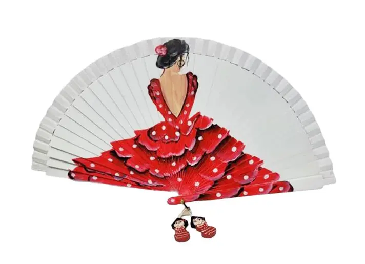 Hand Painted Wooden Fan Flamenco Dress Red Dots White Dots Design