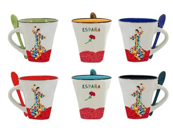 6 Coffee Mugs with a Teaspoon. Flamenco Dancer Model By Olé Mosaic