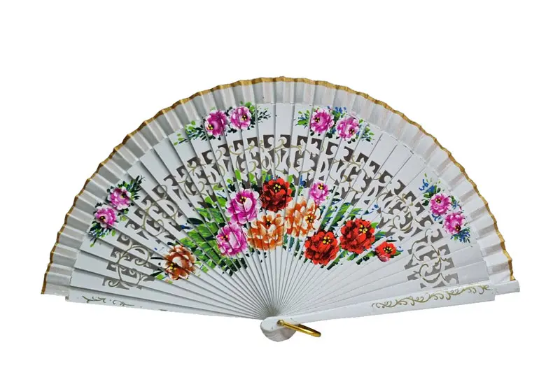 White Sycamore Wooden Fan with Openwork Stems and Floral Decoration on Both Sides. Ref. 178BCO