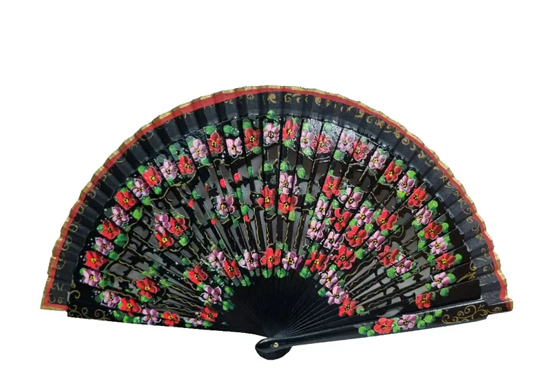 Black Fan with Openwork Design and Hand Painted Flowers. Ref. 004