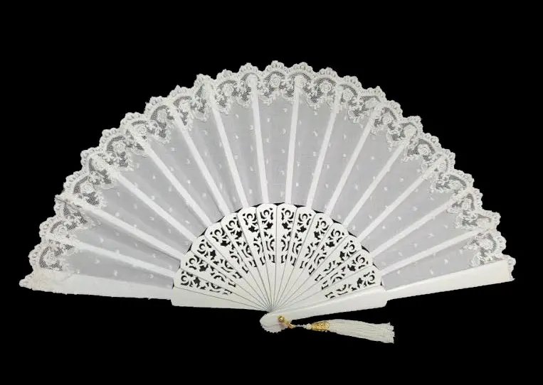 White Cotton Fans with Lace and Ivory Openwork Stick . Ref. 15118